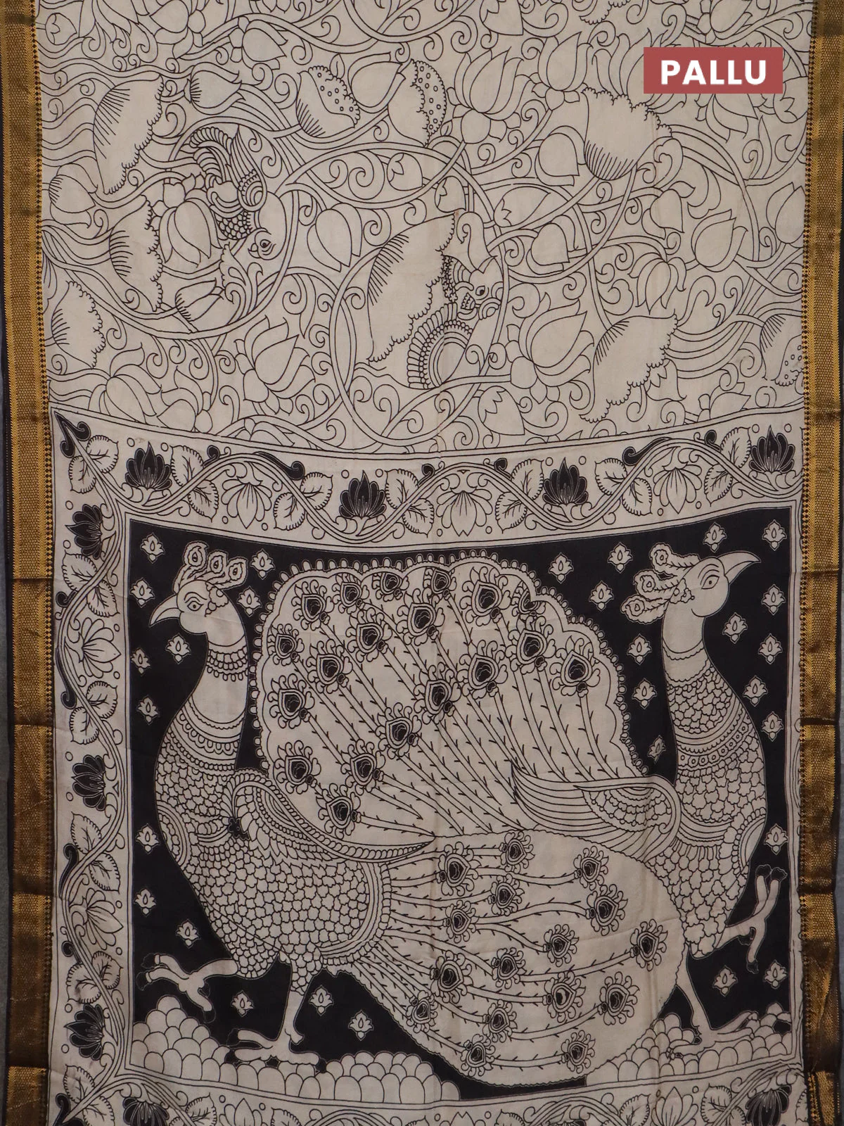 Kalamkari semi silk saree beige and black with allover prints and mangalgiri border - Image 3