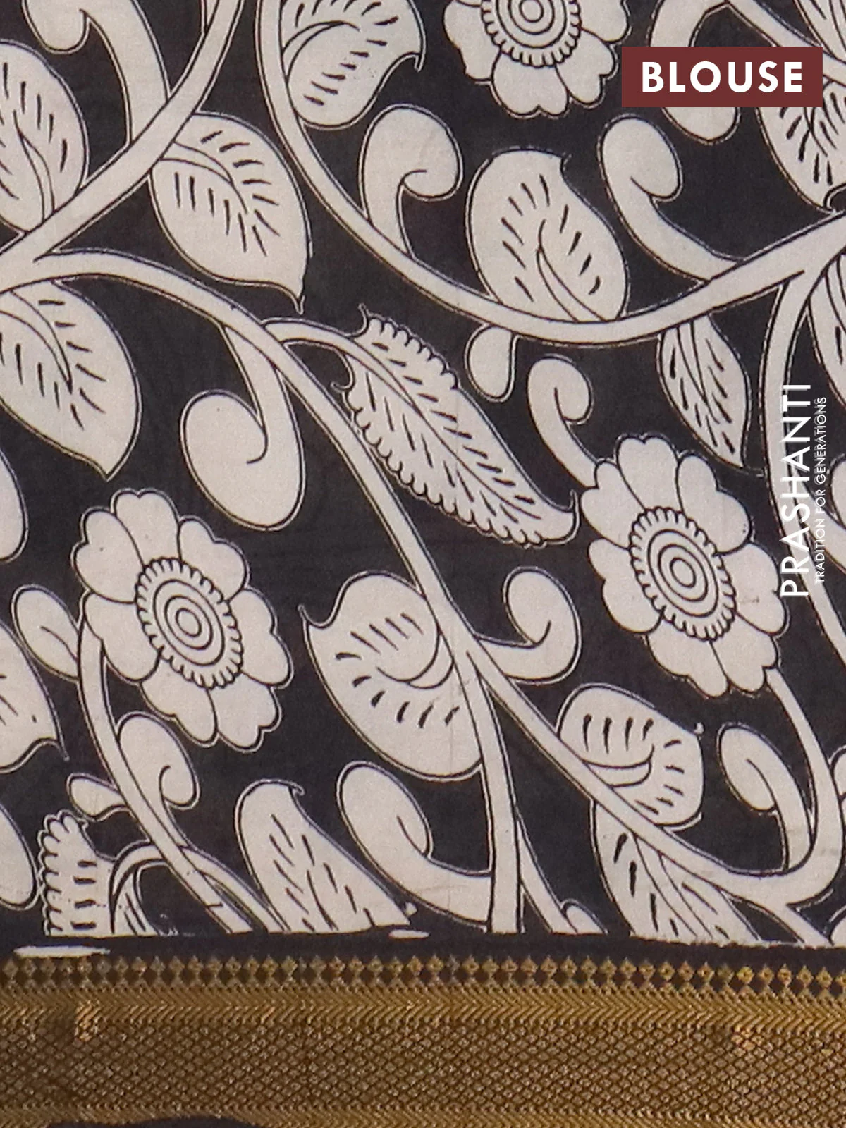 Kalamkari semi silk saree beige and black with allover prints and mangalgiri border - Image 4