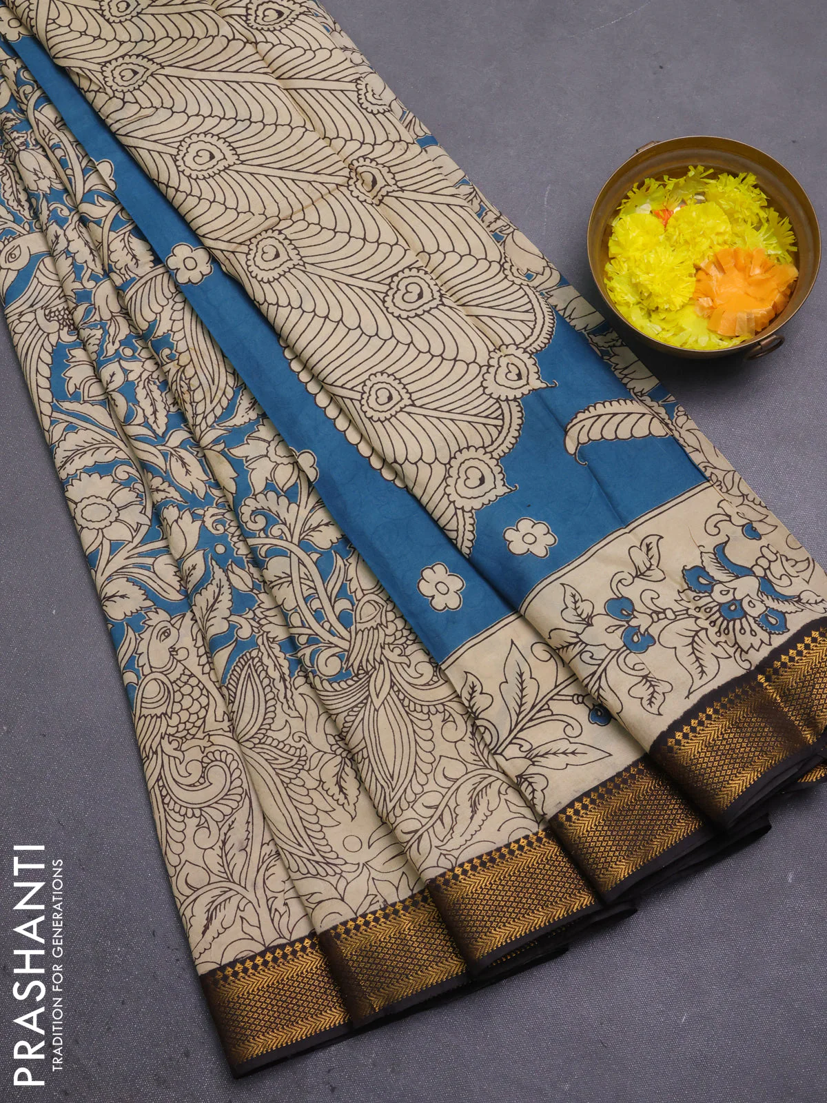 Kalamkari semi silk saree beige and black with allover prints and mangalgiri border
