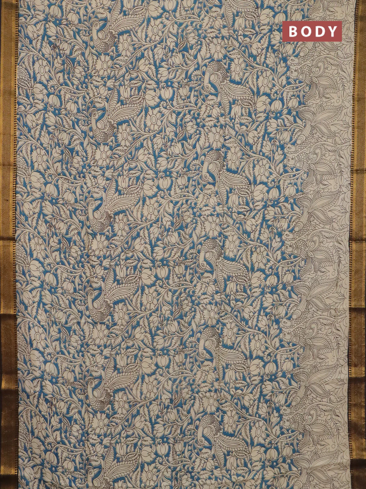 Kalamkari semi silk saree beige and black with allover prints and mangalgiri border - Image 2