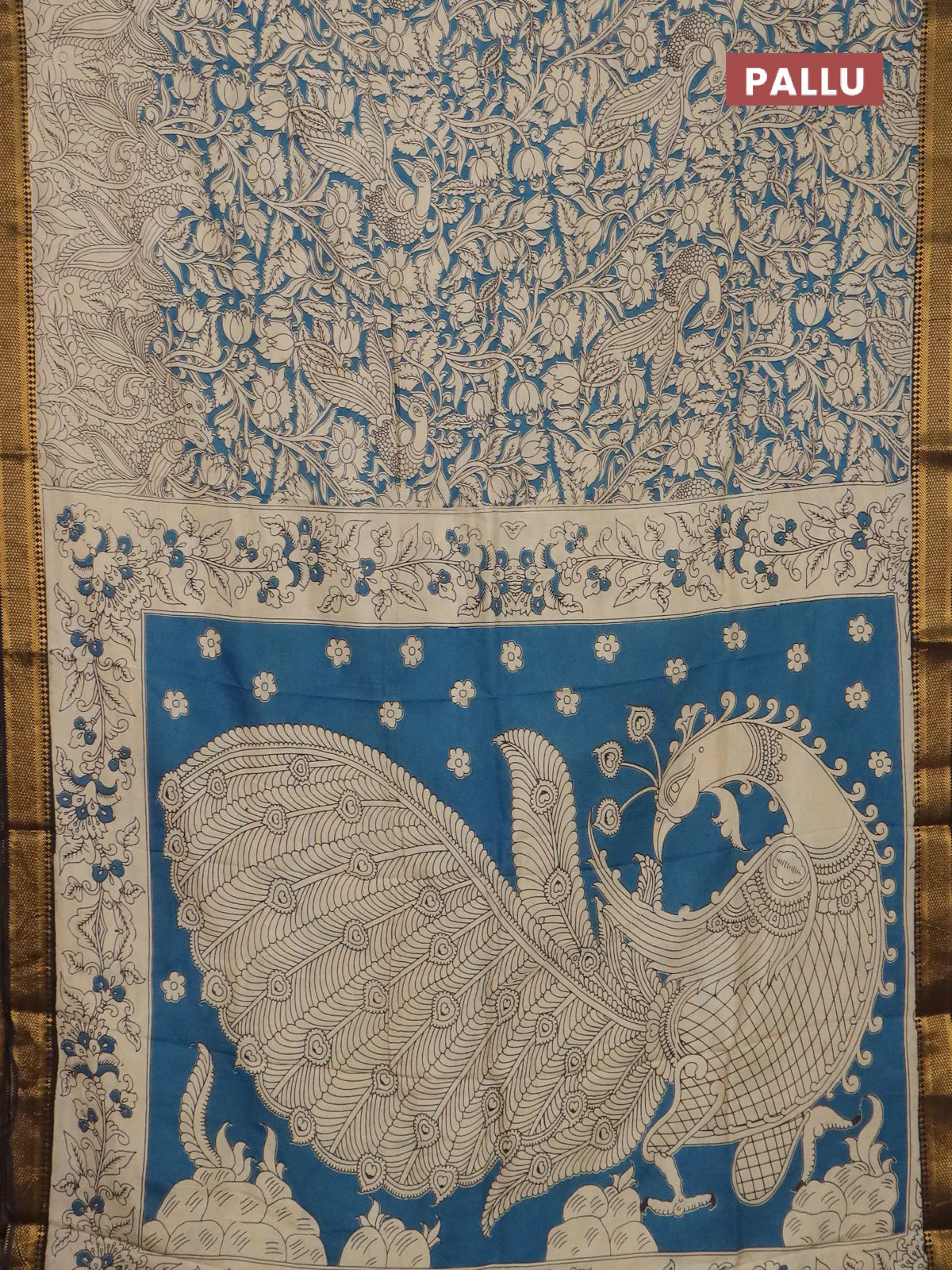 Kalamkari semi silk saree beige and black with allover prints and mangalgiri border - Image 3