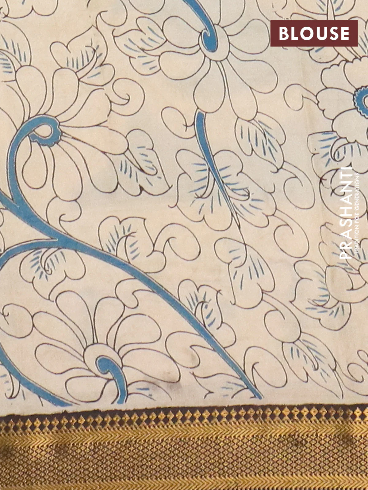Kalamkari semi silk saree beige and black with allover prints and mangalgiri border - Image 4
