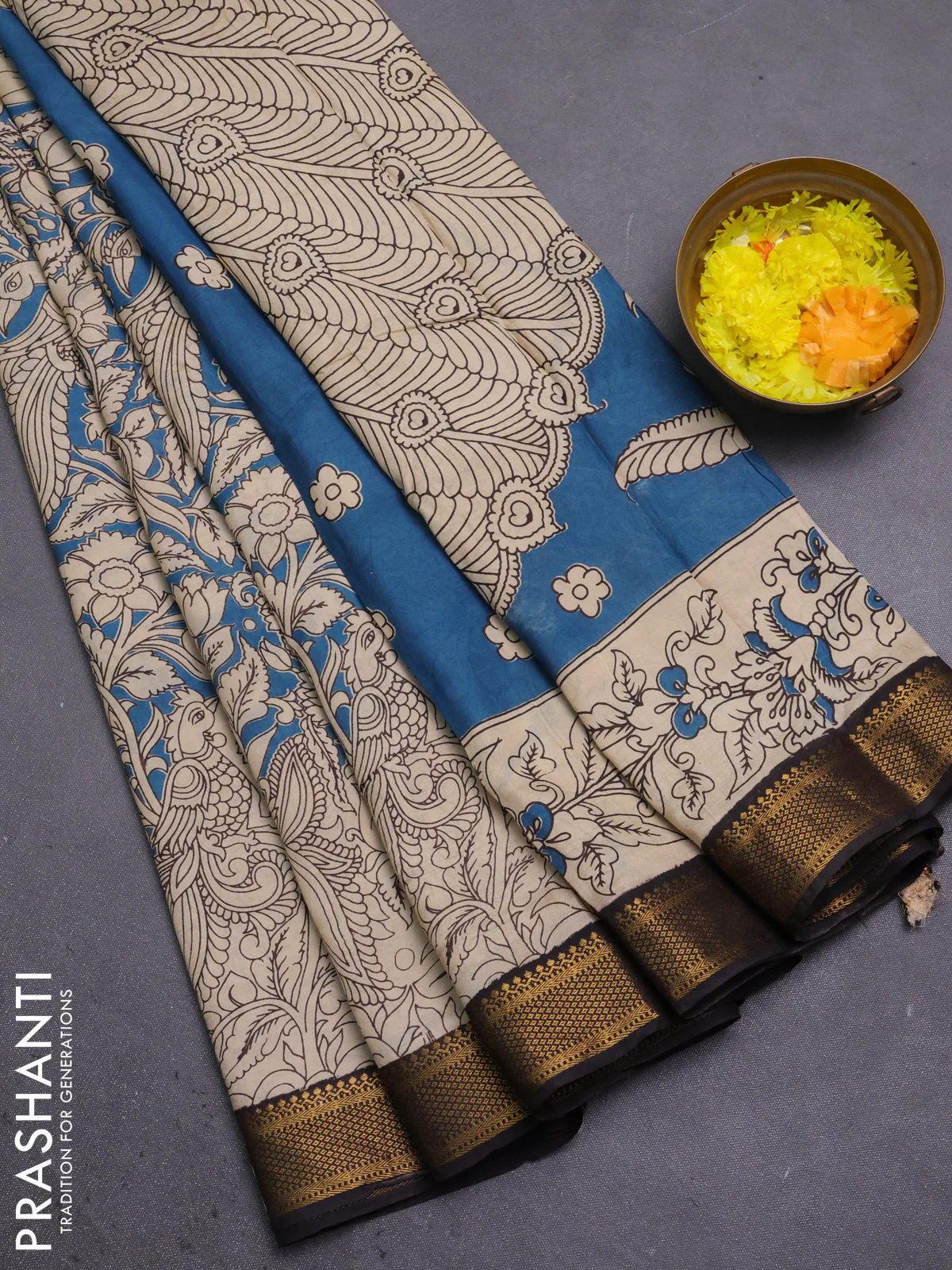 Kalamkari semi silk saree beige and black with allover prints and mangalgiri border