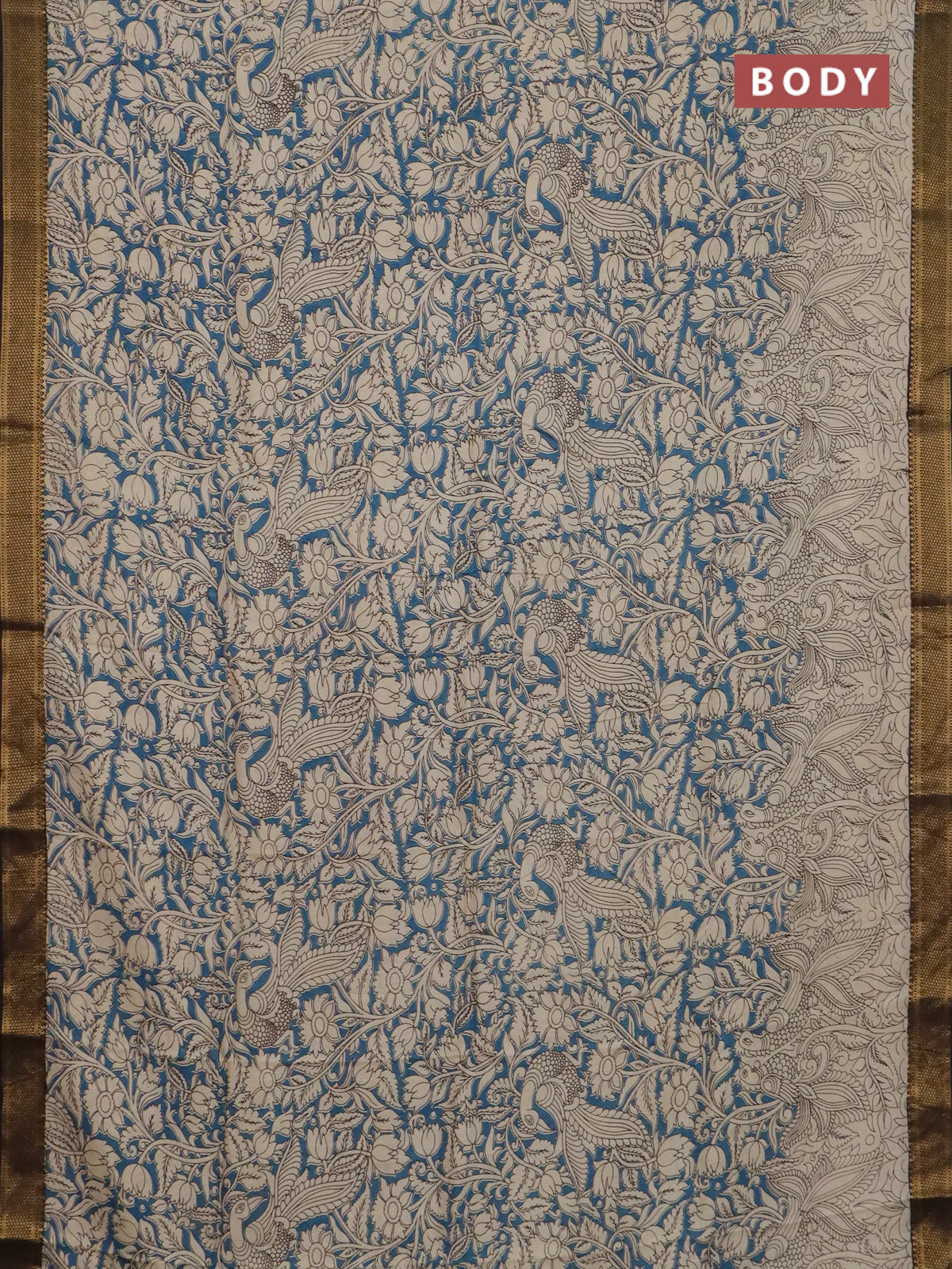 Kalamkari semi silk saree beige and black with allover prints and mangalgiri border - Image 2