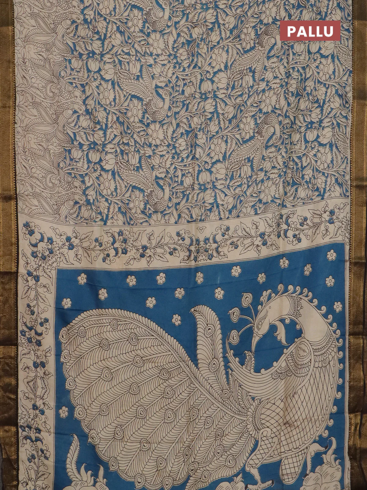 Kalamkari semi silk saree beige and black with allover prints and mangalgiri border - Image 3