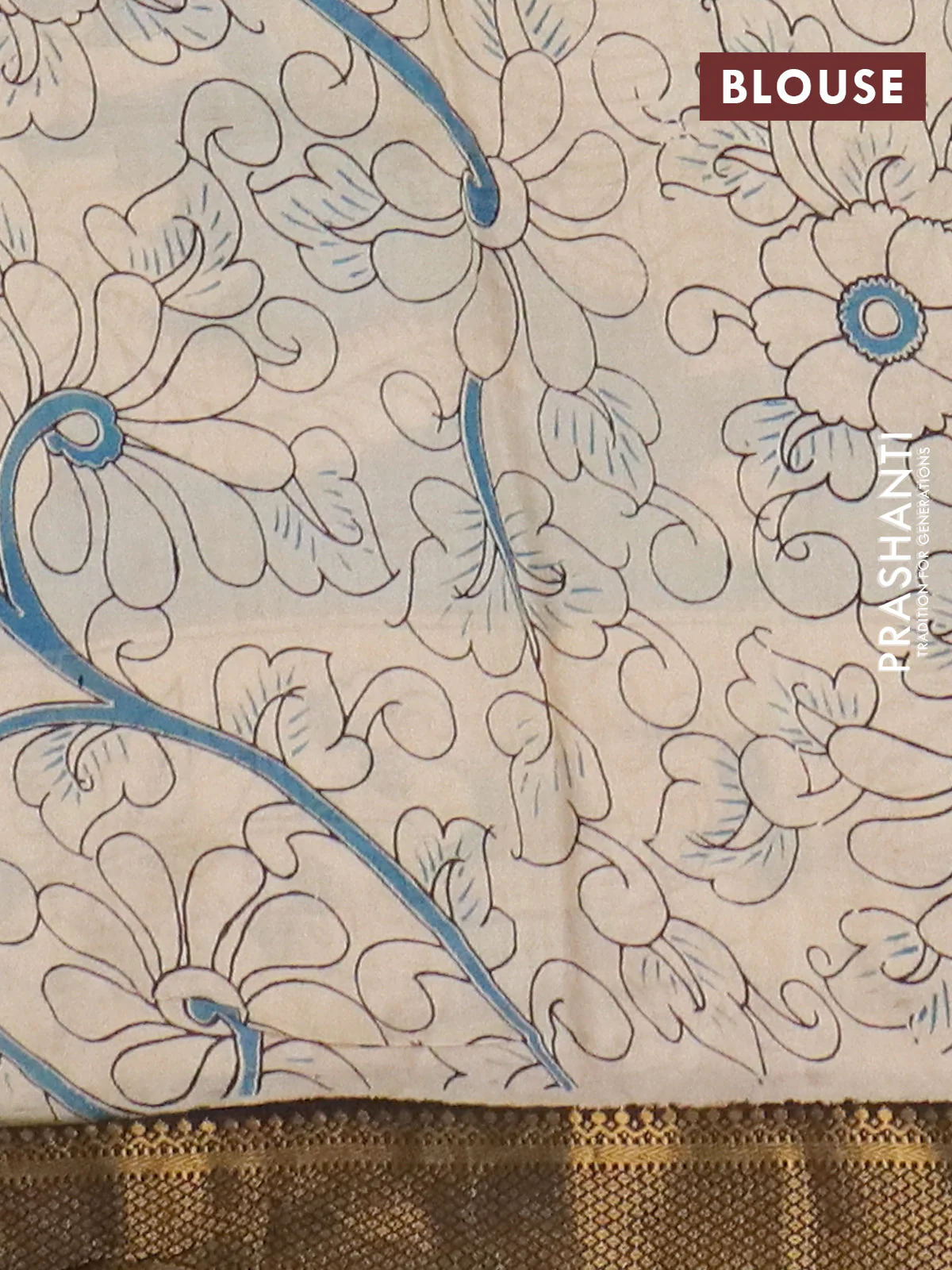 Kalamkari semi silk saree beige and black with allover prints and mangalgiri border - Image 4