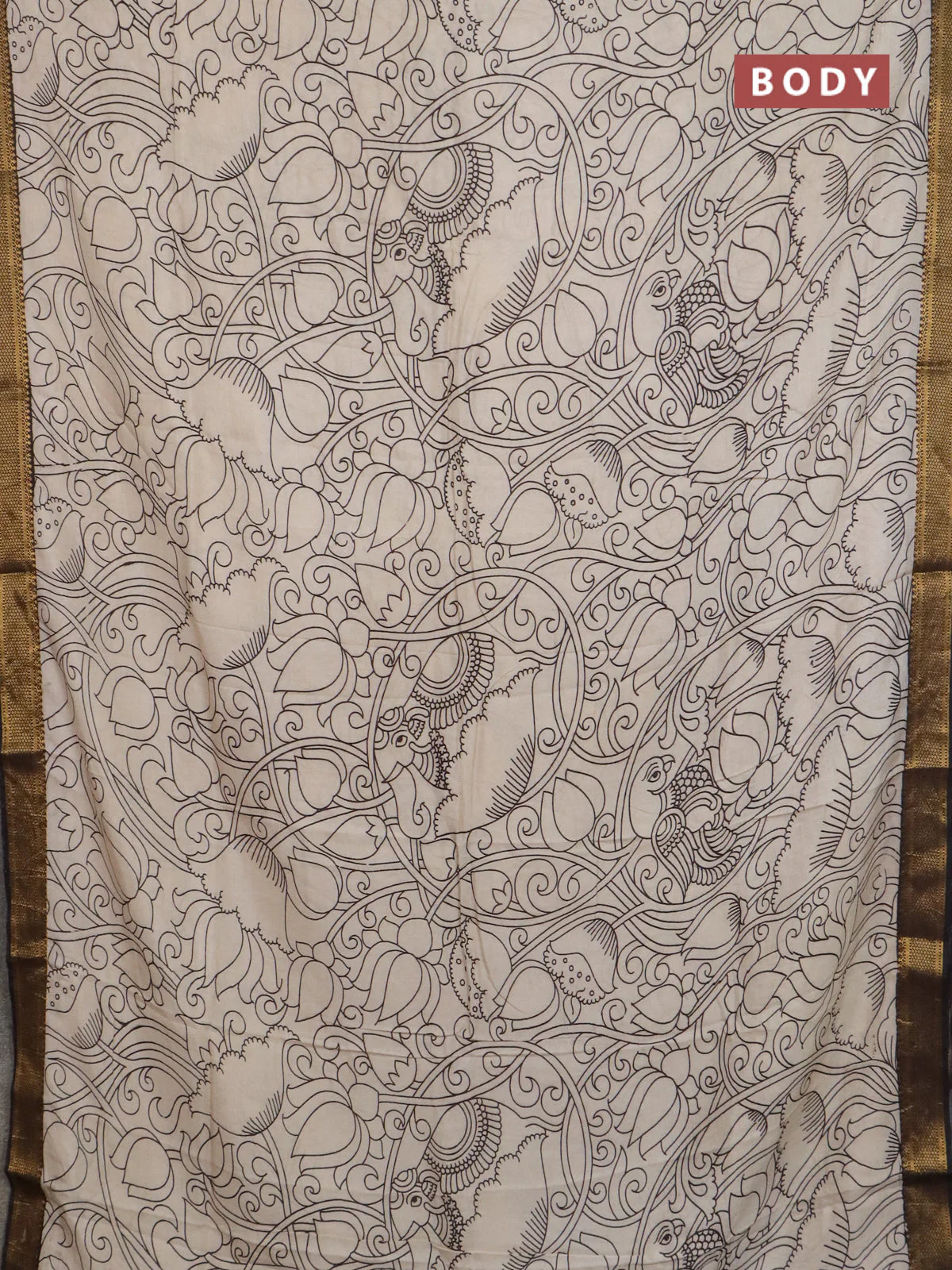 Kalamkari semi silk saree beige and black with allover prints and mangalgiri border - Image 2