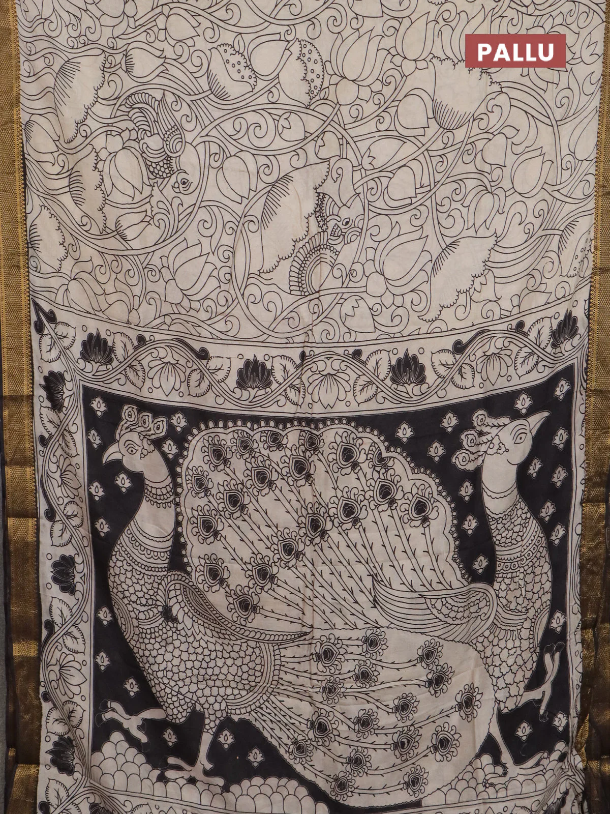 Kalamkari semi silk saree beige and black with allover prints and mangalgiri border - Image 3