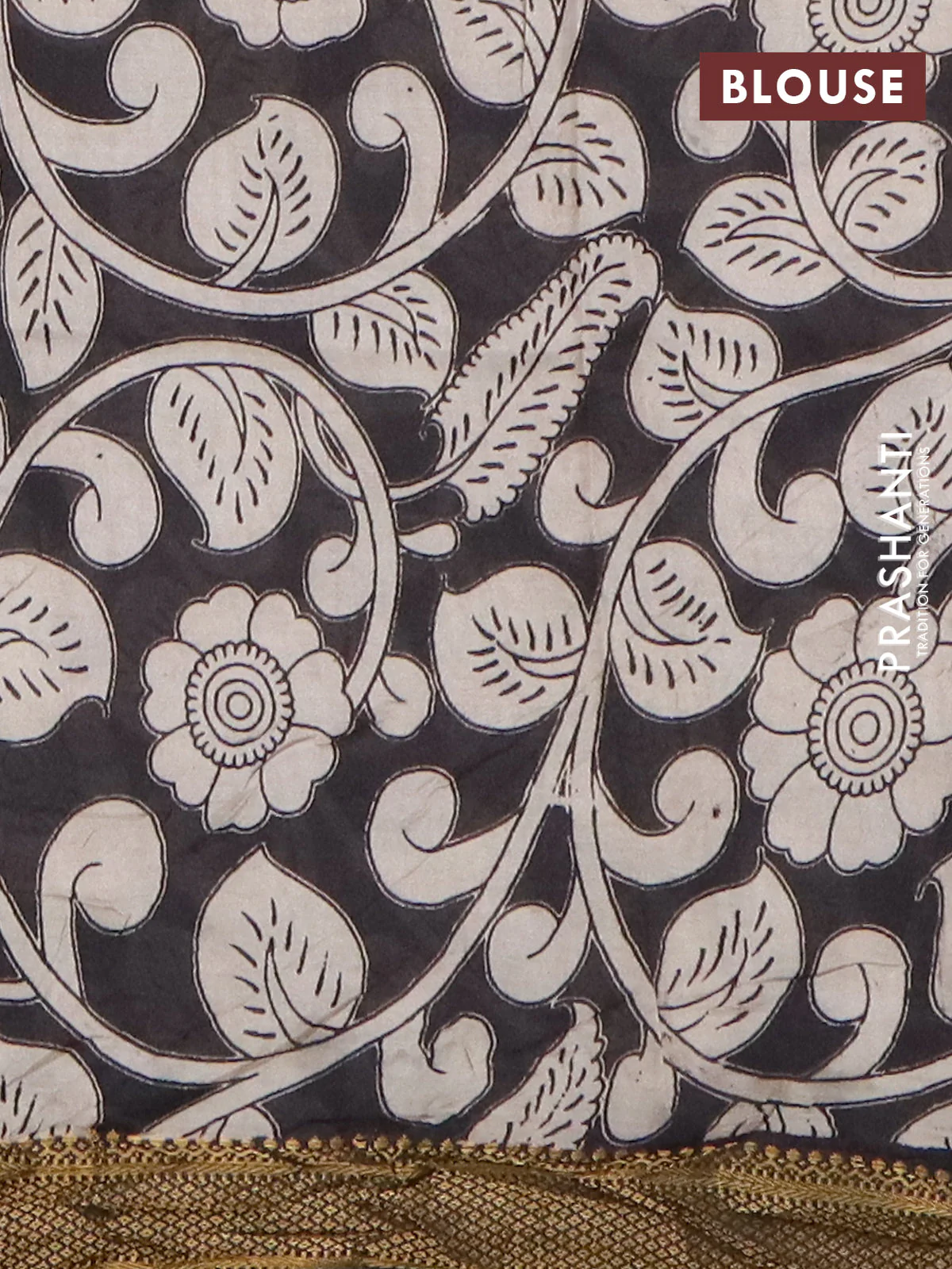 Kalamkari semi silk saree beige and black with allover prints and mangalgiri border - Image 4