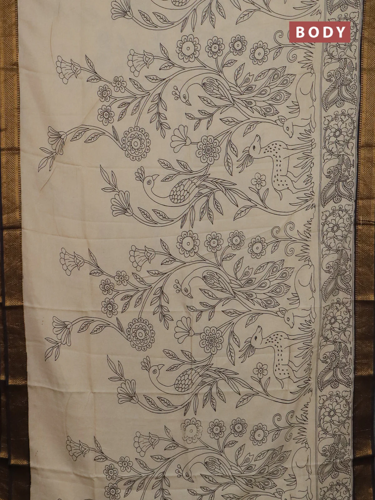 Kalamkari semi silk saree beige and black with allover prints and mangalgiri border - Image 2