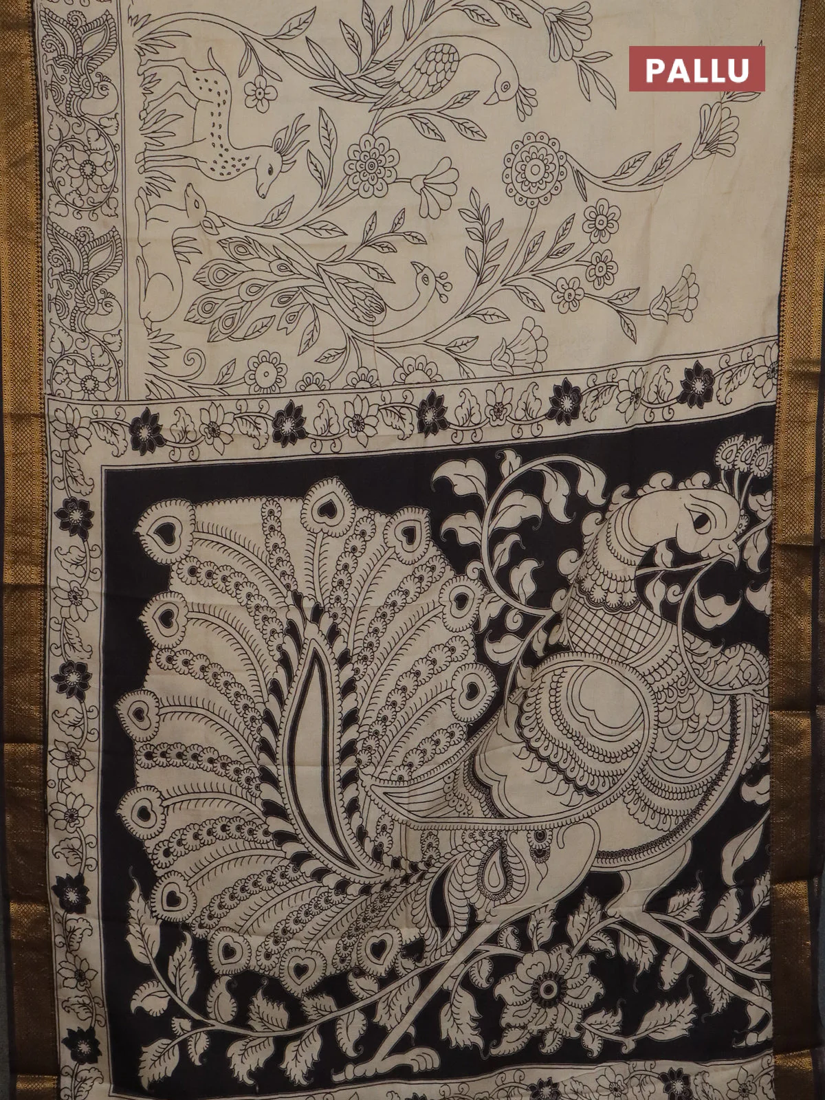 Kalamkari semi silk saree beige and black with allover prints and mangalgiri border - Image 3