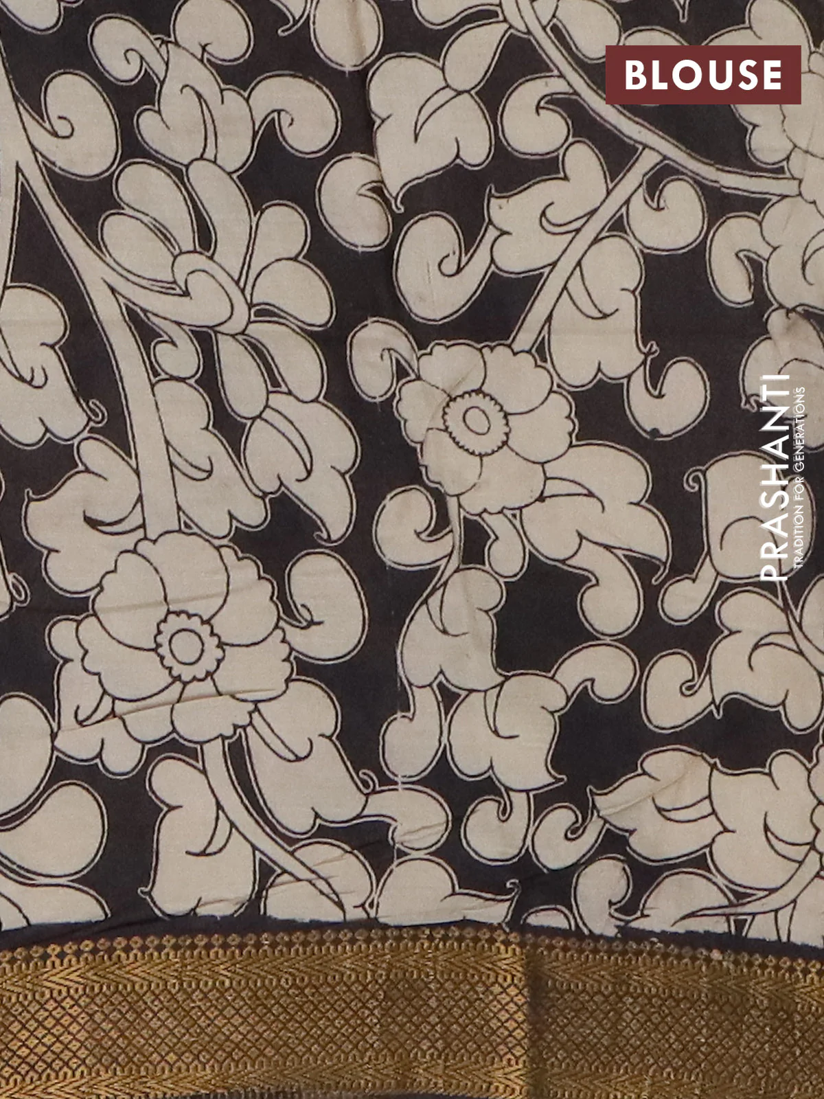 Kalamkari semi silk saree beige and black with allover prints and mangalgiri border - Image 4