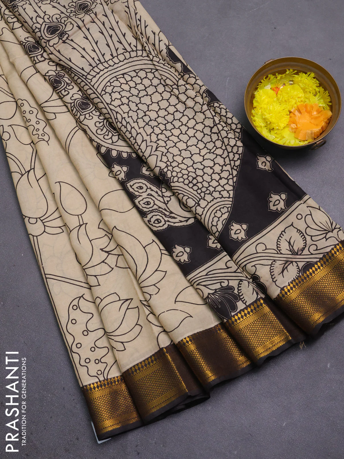 Kalamkari semi silk saree beige and black with allover prints and mangalgiri border