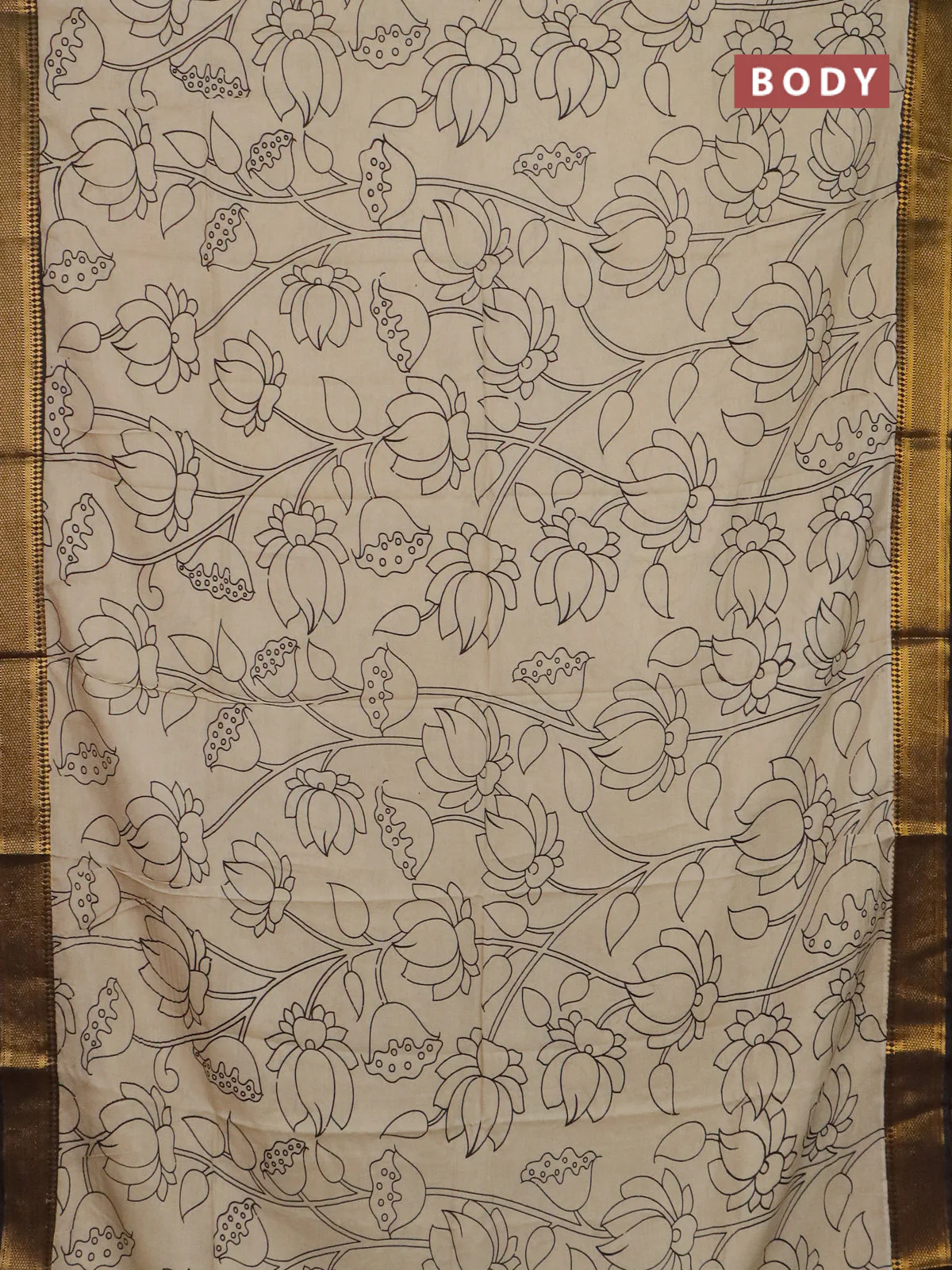 Kalamkari semi silk saree beige and black with allover prints and mangalgiri border - Image 2