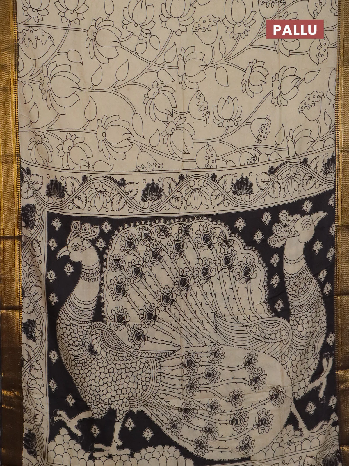 Kalamkari semi silk saree beige and black with allover prints and mangalgiri border - Image 3