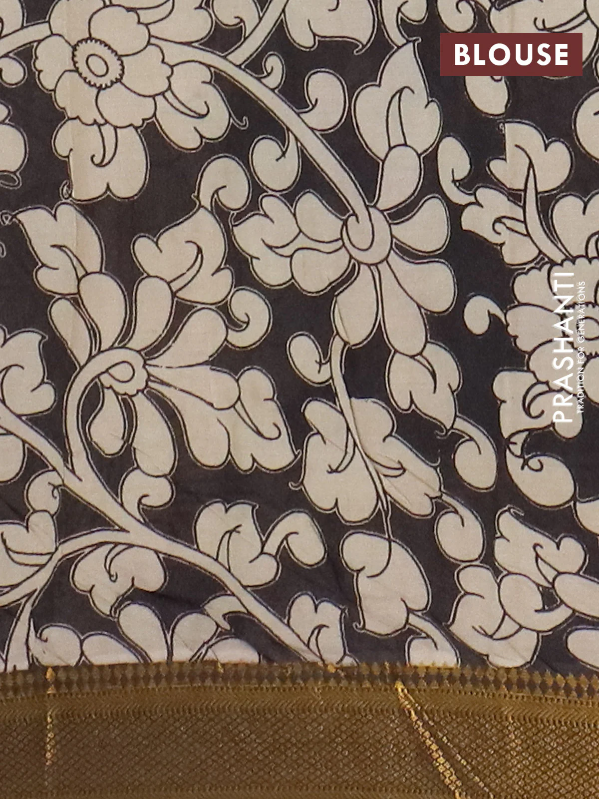 Kalamkari semi silk saree beige and black with allover prints and mangalgiri border - Image 4