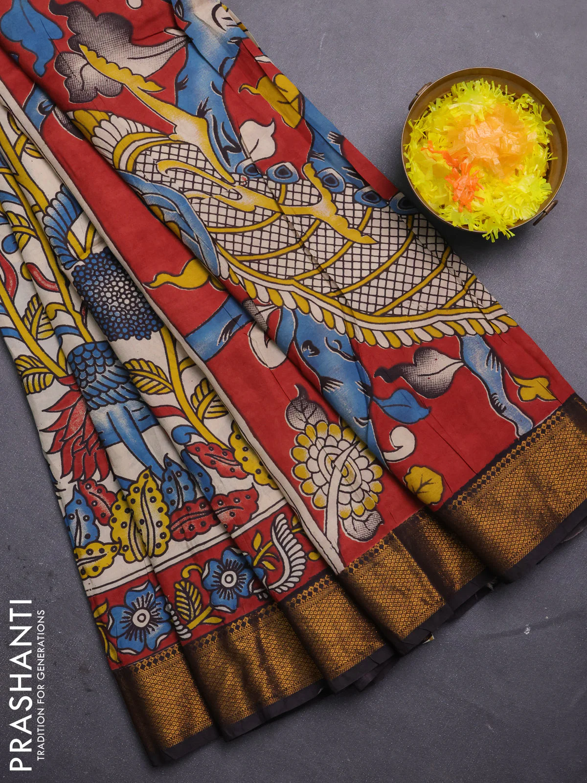 Kalamkari semi silk saree beige and black with allover prints and mangalgiri border
