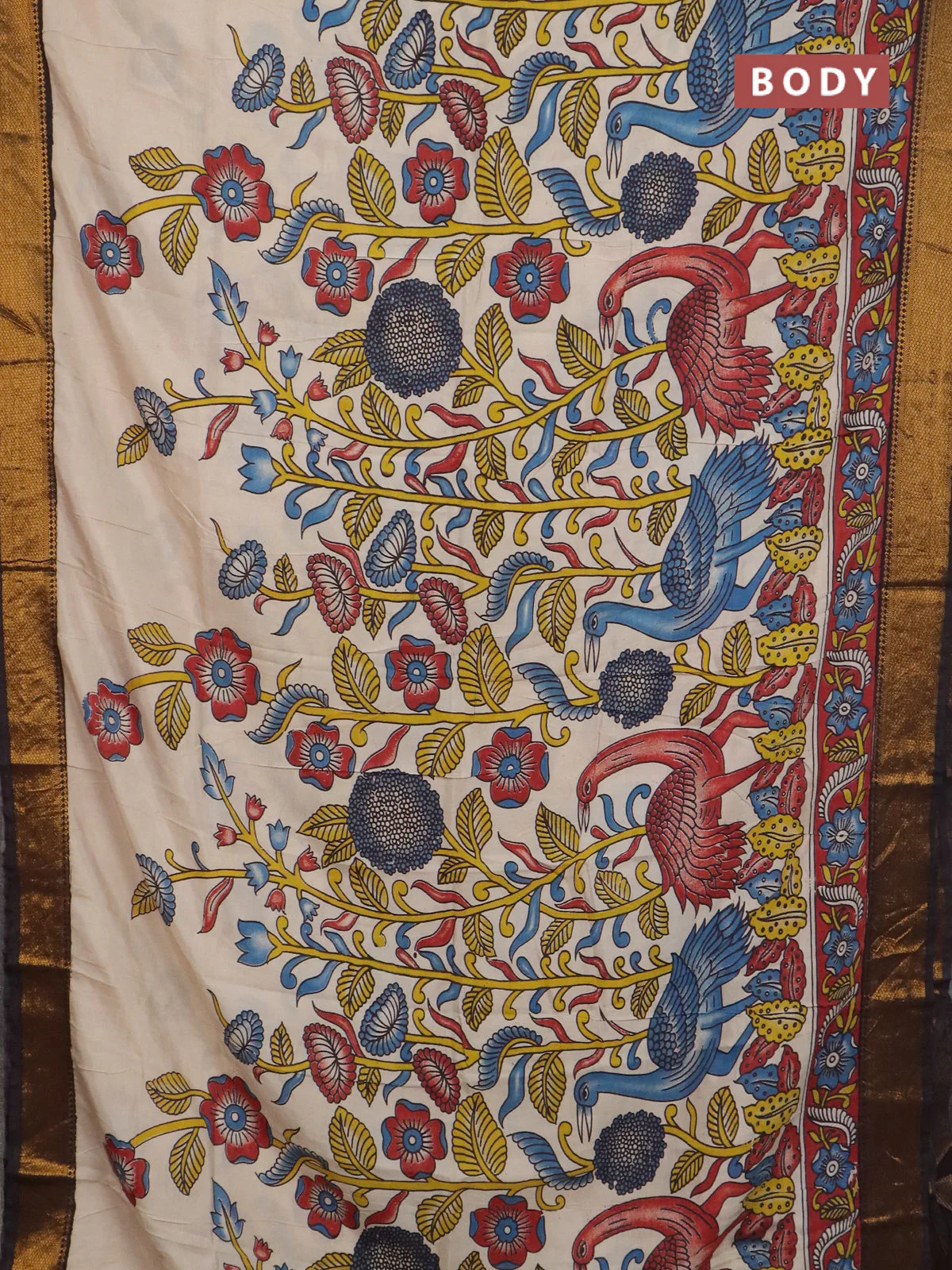 Kalamkari semi silk saree beige and black with allover prints and mangalgiri border - Image 2