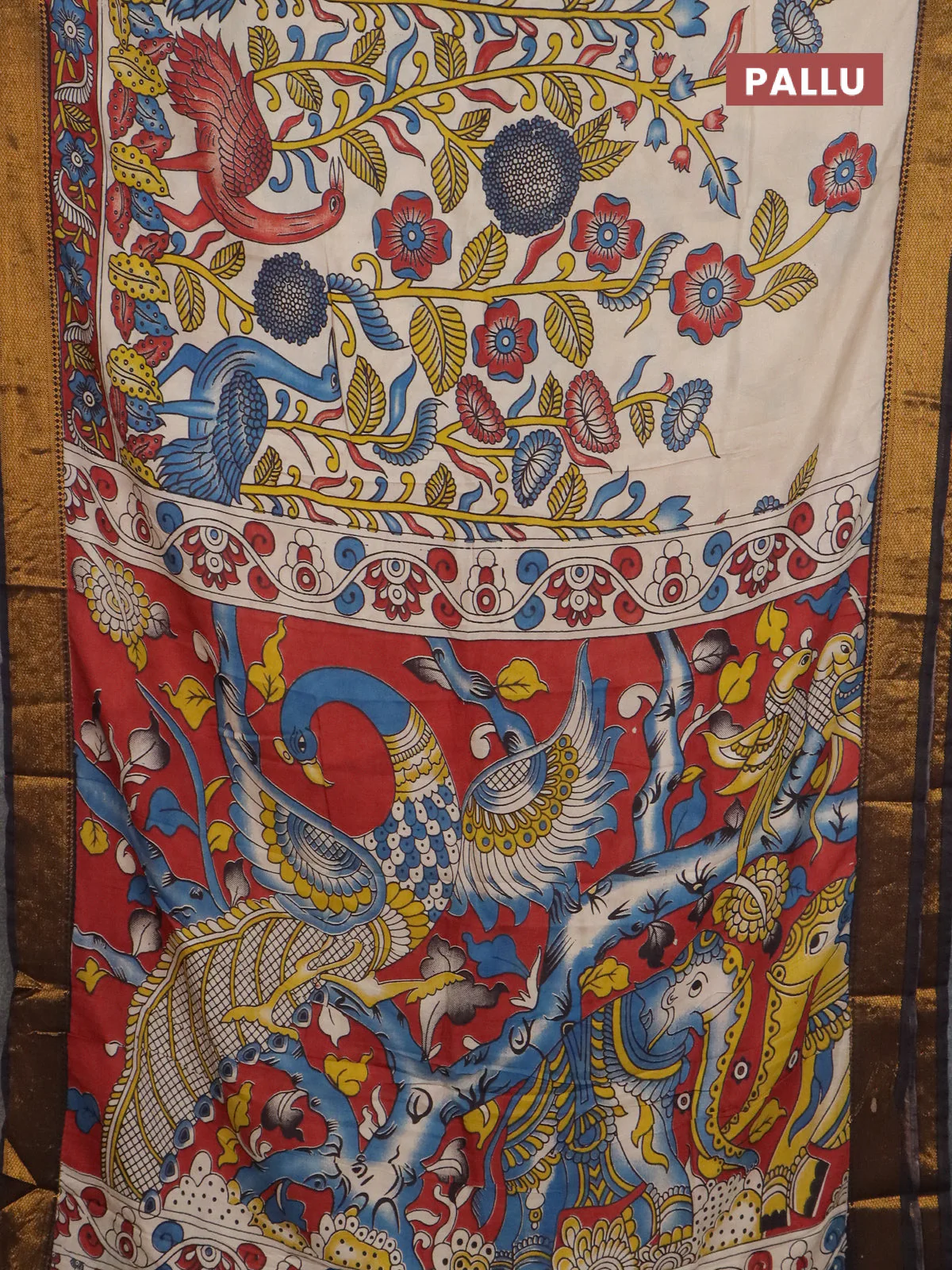 Kalamkari semi silk saree beige and black with allover prints and mangalgiri border - Image 3
