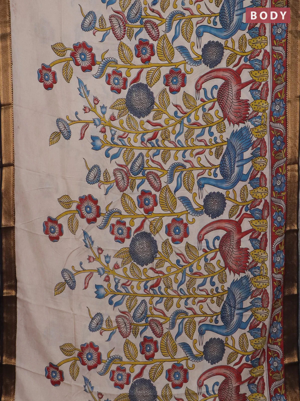 Kalamkari semi silk saree beige and black with allover prints and mangalgiri border - Image 2