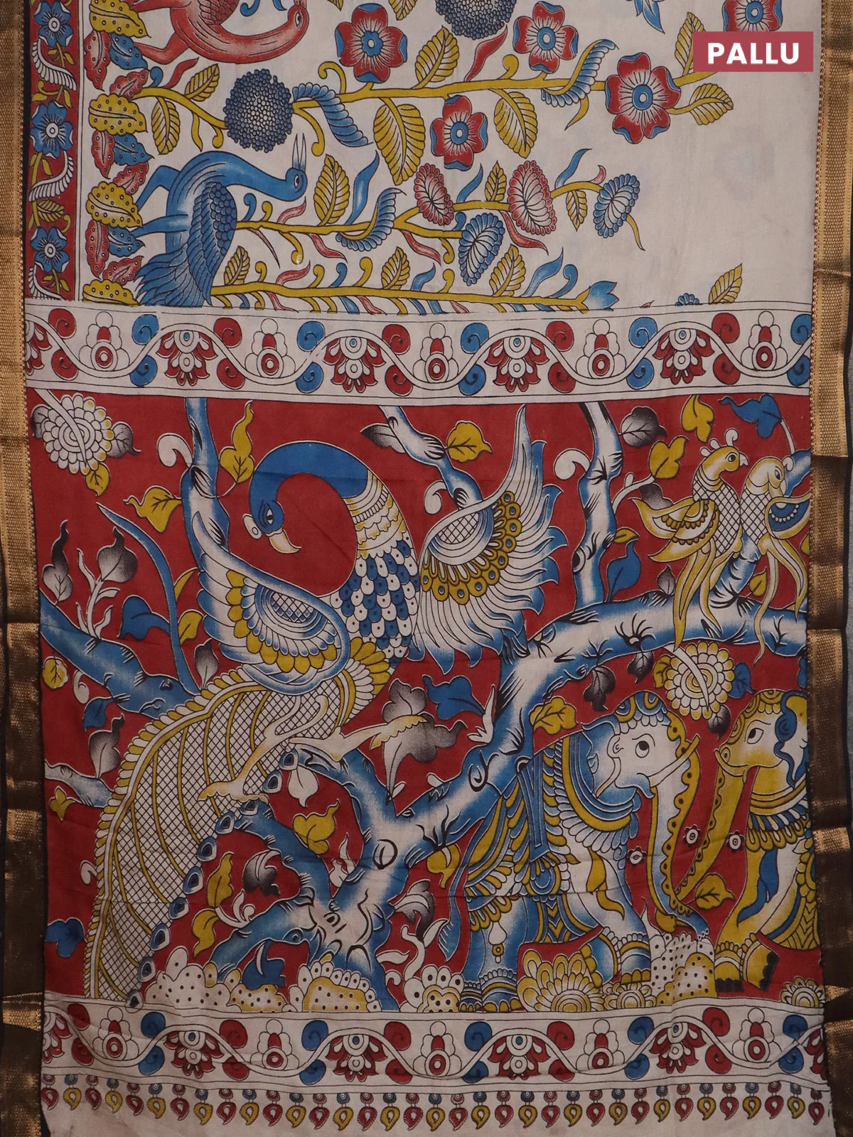 Kalamkari semi silk saree beige and black with allover prints and mangalgiri border - Image 3