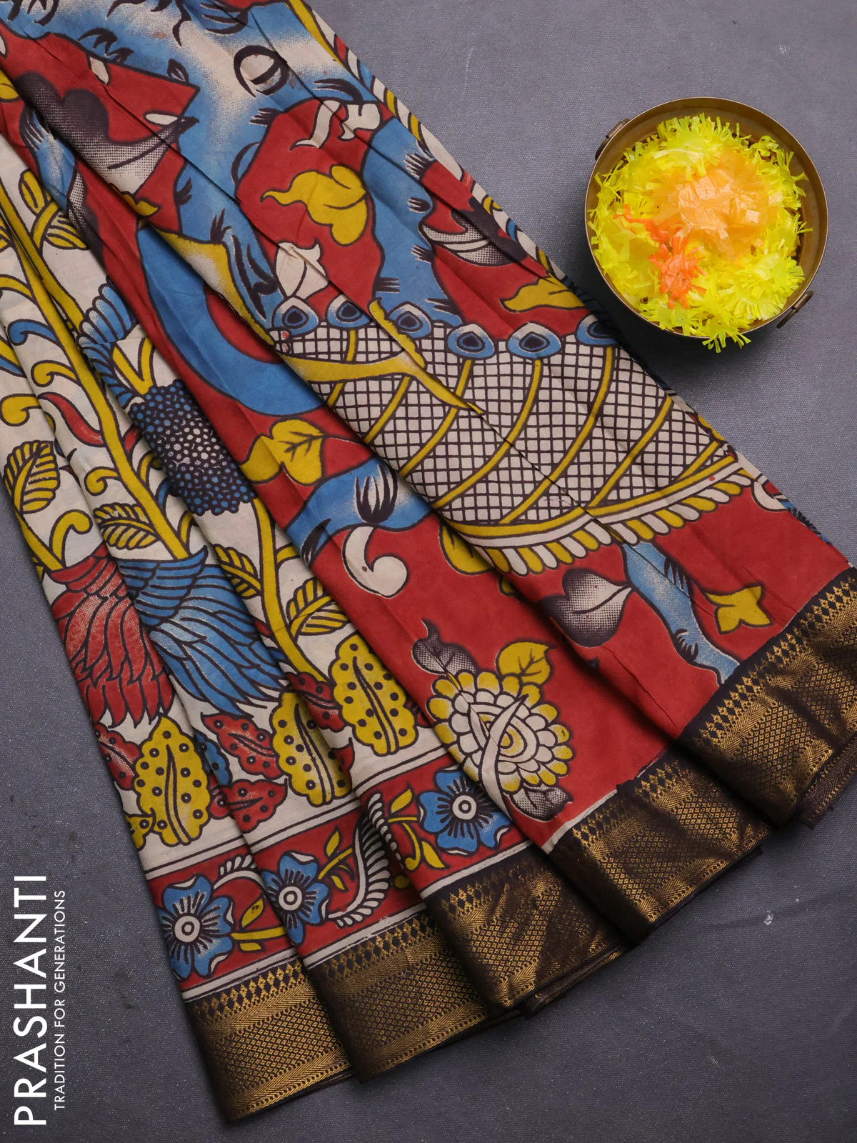Kalamkari semi silk saree beige and black with allover prints and mangalgiri border