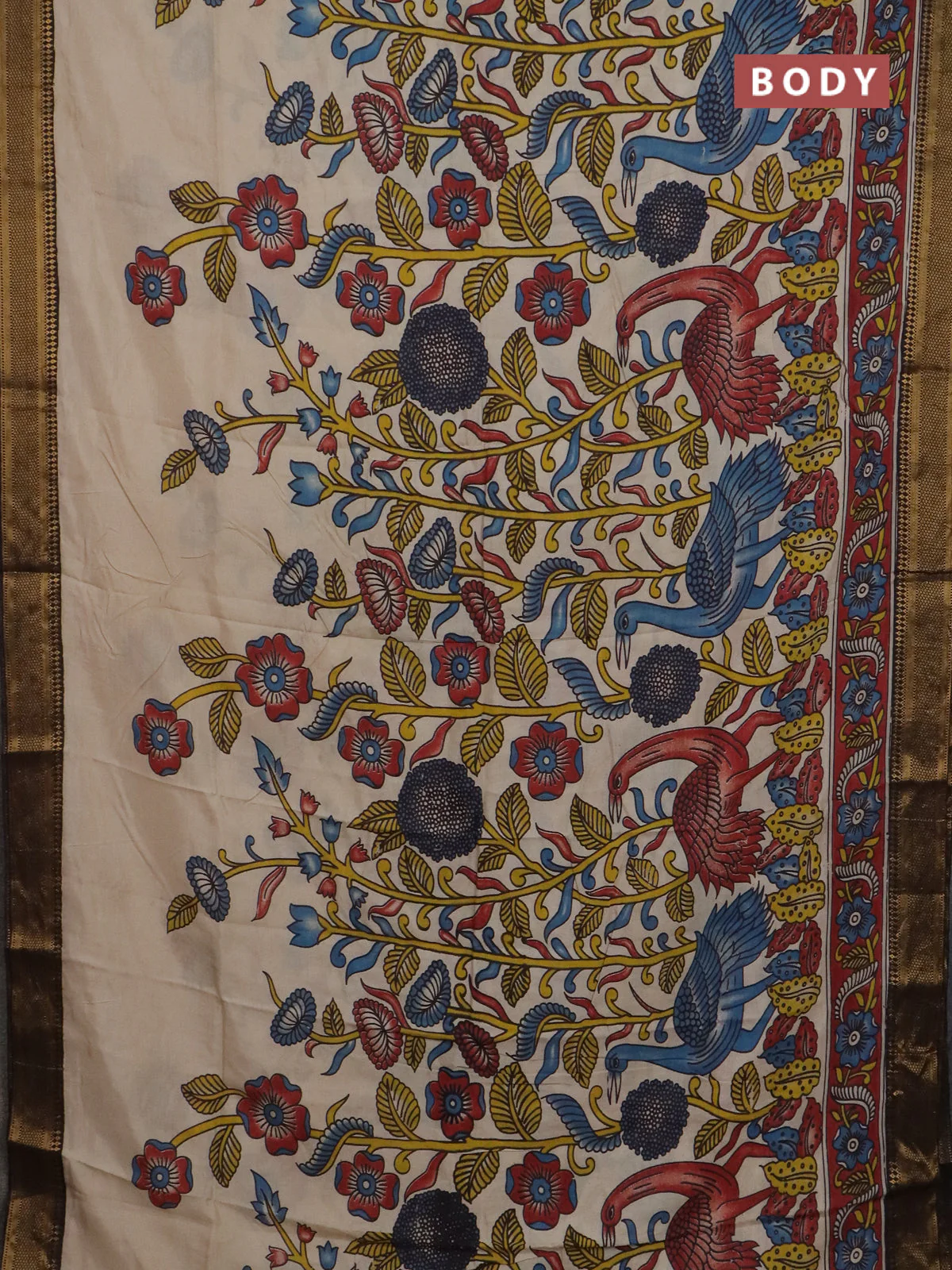 Kalamkari semi silk saree beige and black with allover prints and mangalgiri border - Image 2
