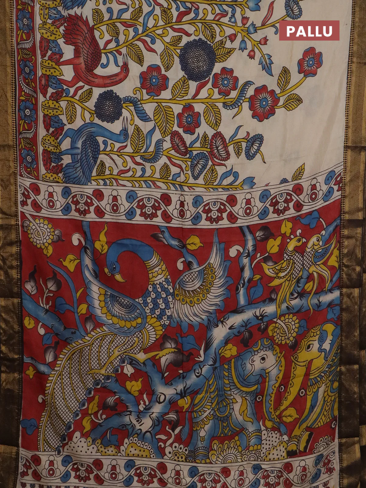 Kalamkari semi silk saree beige and black with allover prints and mangalgiri border - Image 3