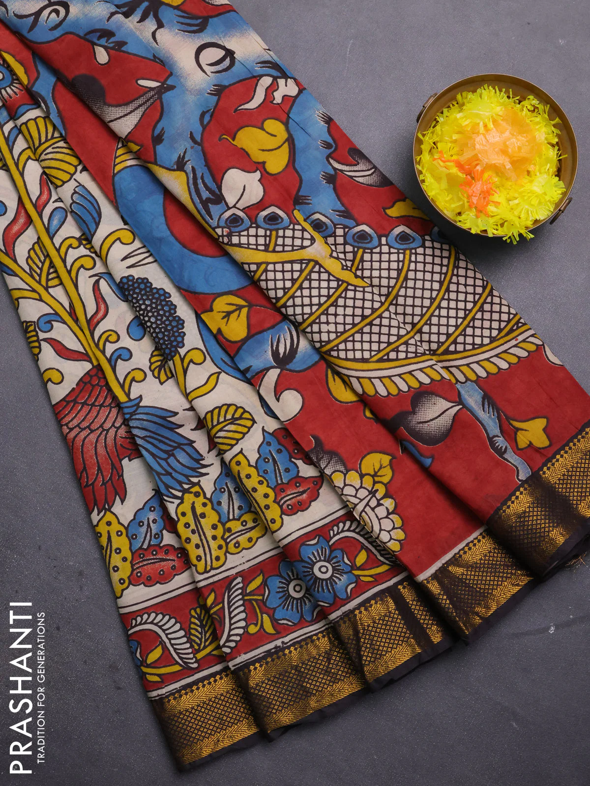 Kalamkari semi silk saree beige and black with allover prints and mangalgiri border