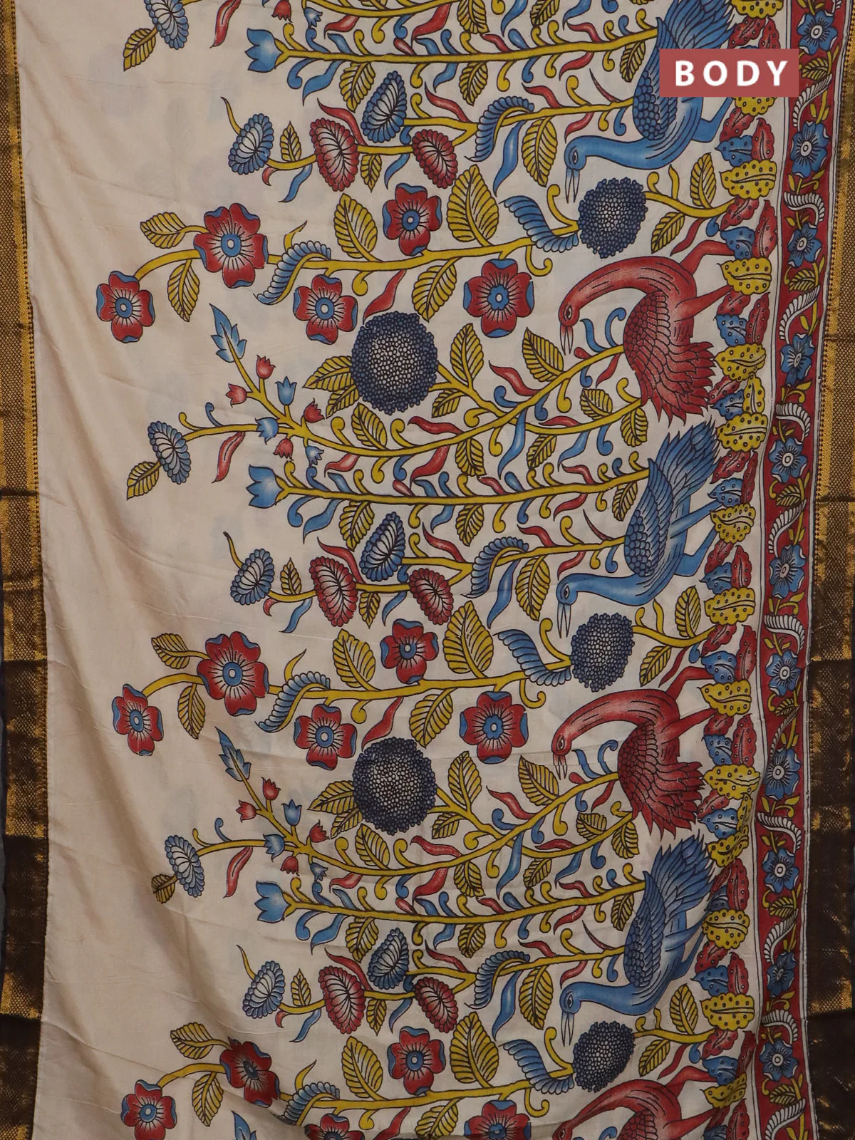 Kalamkari semi silk saree beige and black with allover prints and mangalgiri border - Image 2