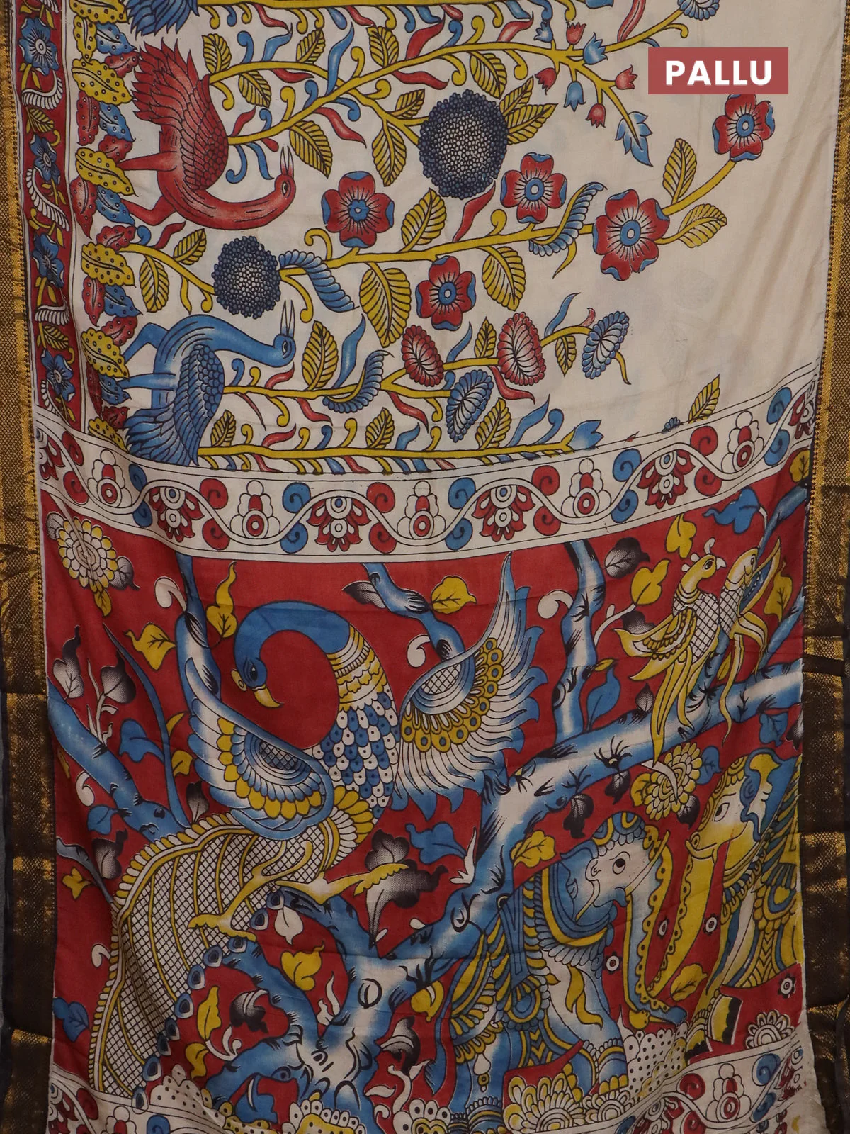Kalamkari semi silk saree beige and black with allover prints and mangalgiri border - Image 3