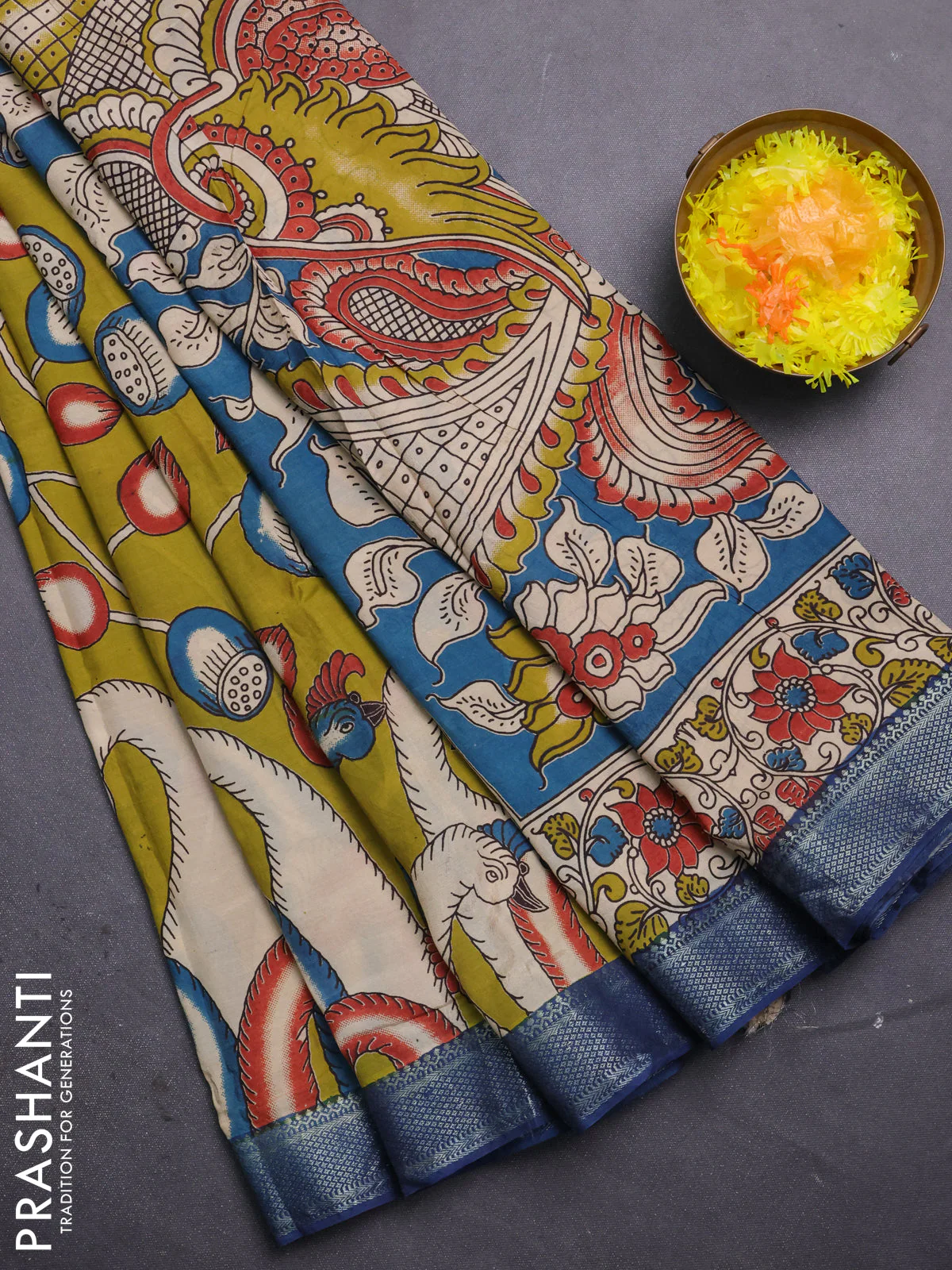 Kalamkari semi silk saree beige and blue with allover prints and mangalgiri border