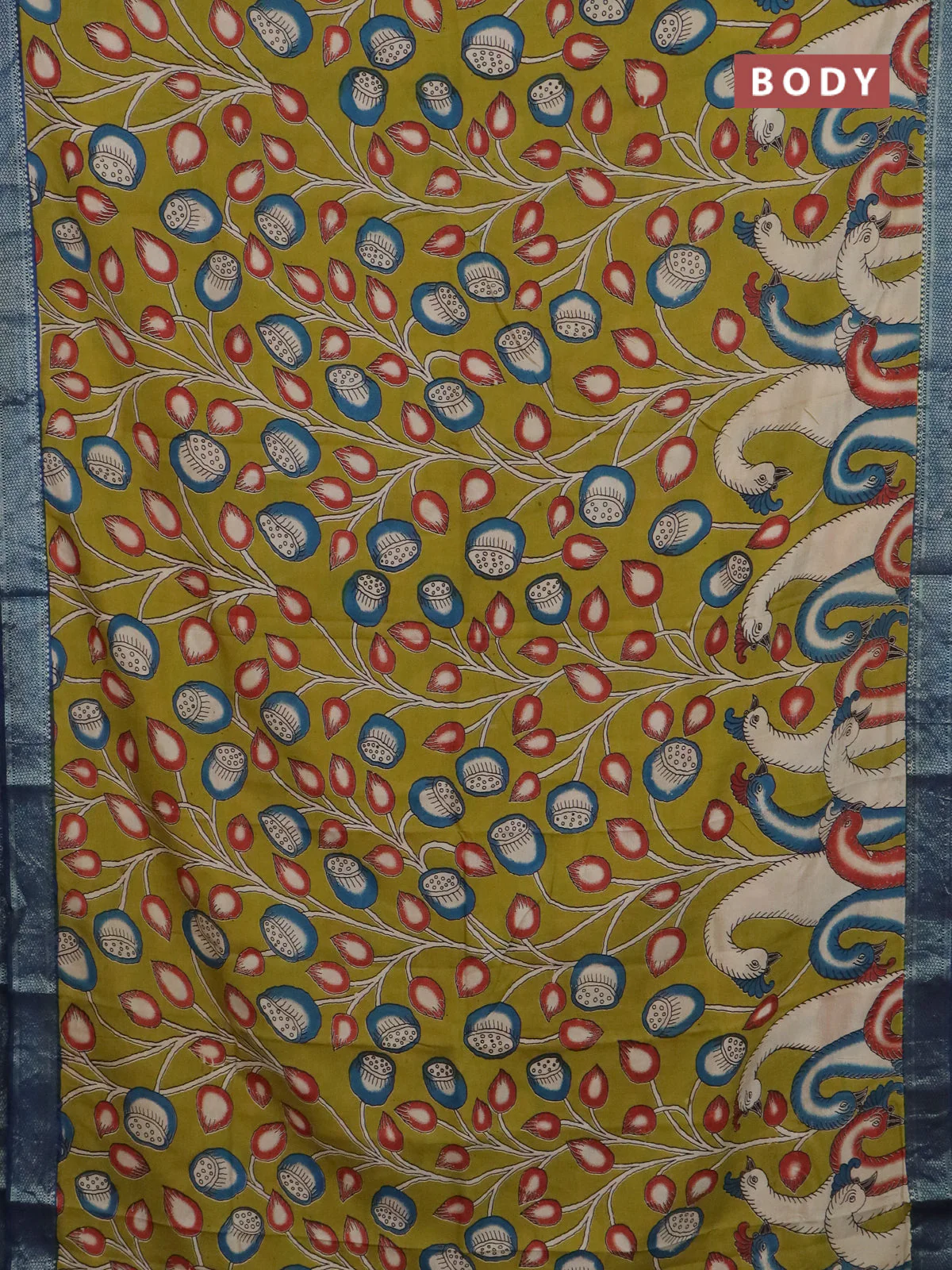 Kalamkari semi silk saree beige and blue with allover prints and mangalgiri border - Image 2