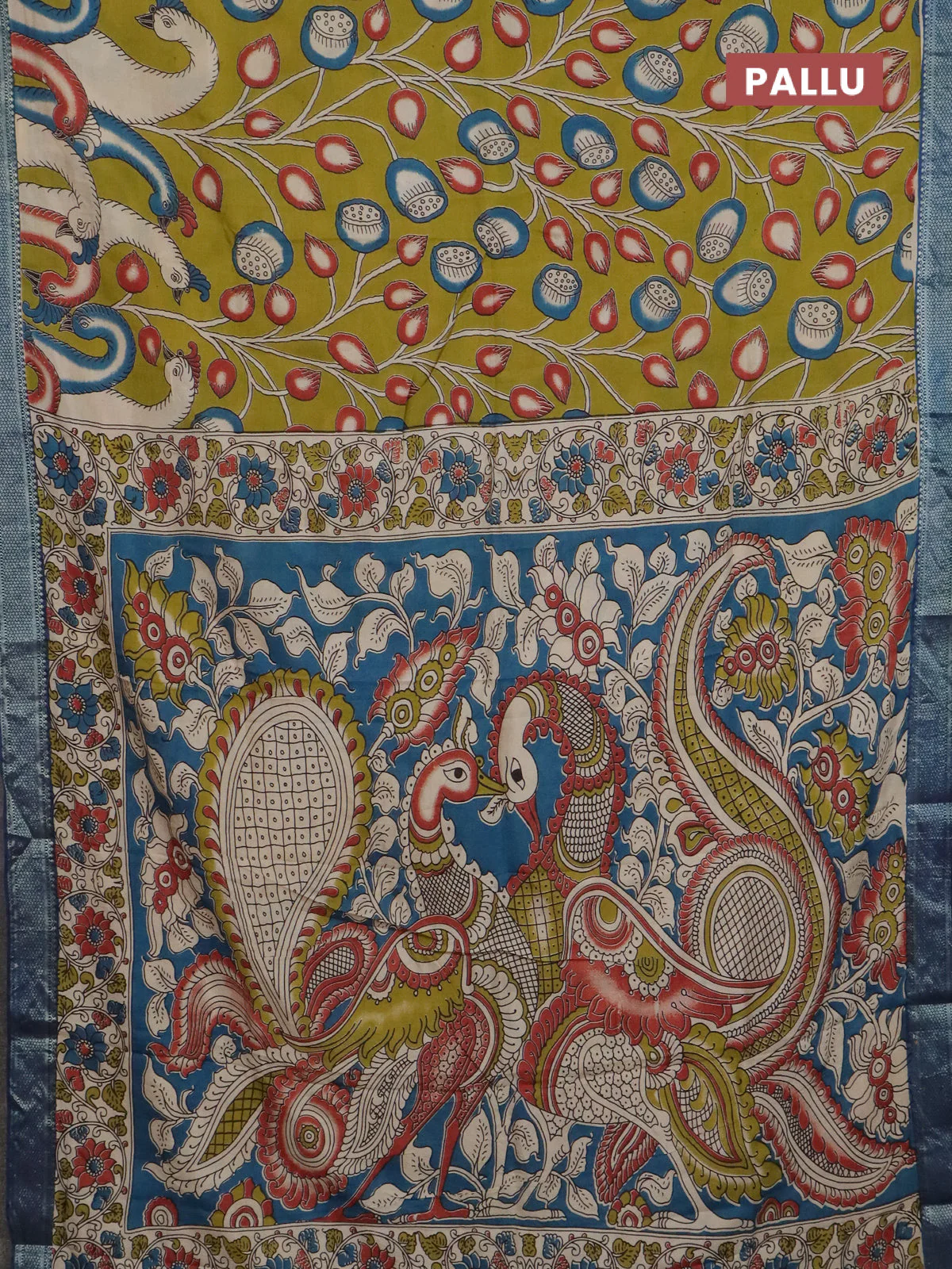 Kalamkari semi silk saree beige and blue with allover prints and mangalgiri border - Image 3