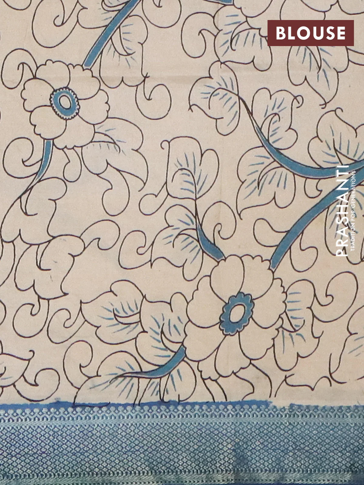 Kalamkari semi silk saree beige and blue with allover prints and mangalgiri border - Image 4