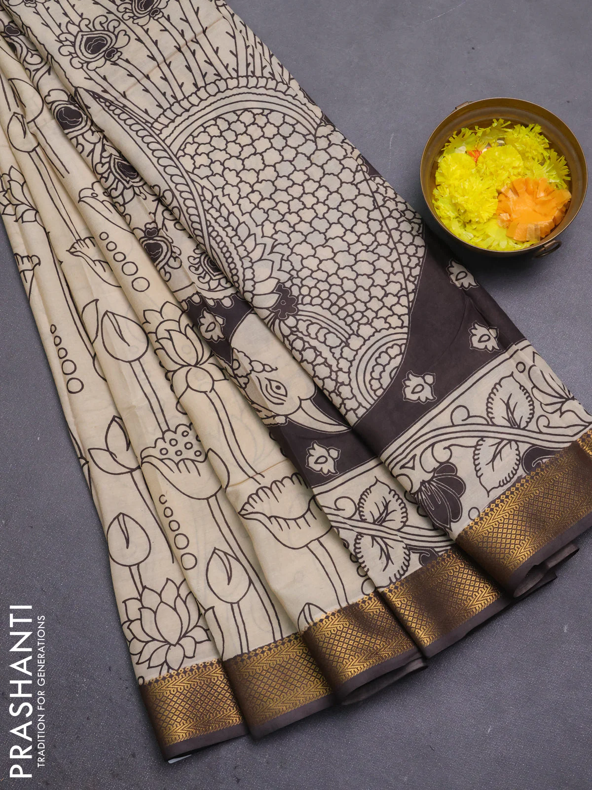 Kalamkari semi silk saree beige and brown with allover prints and mangalgiri border