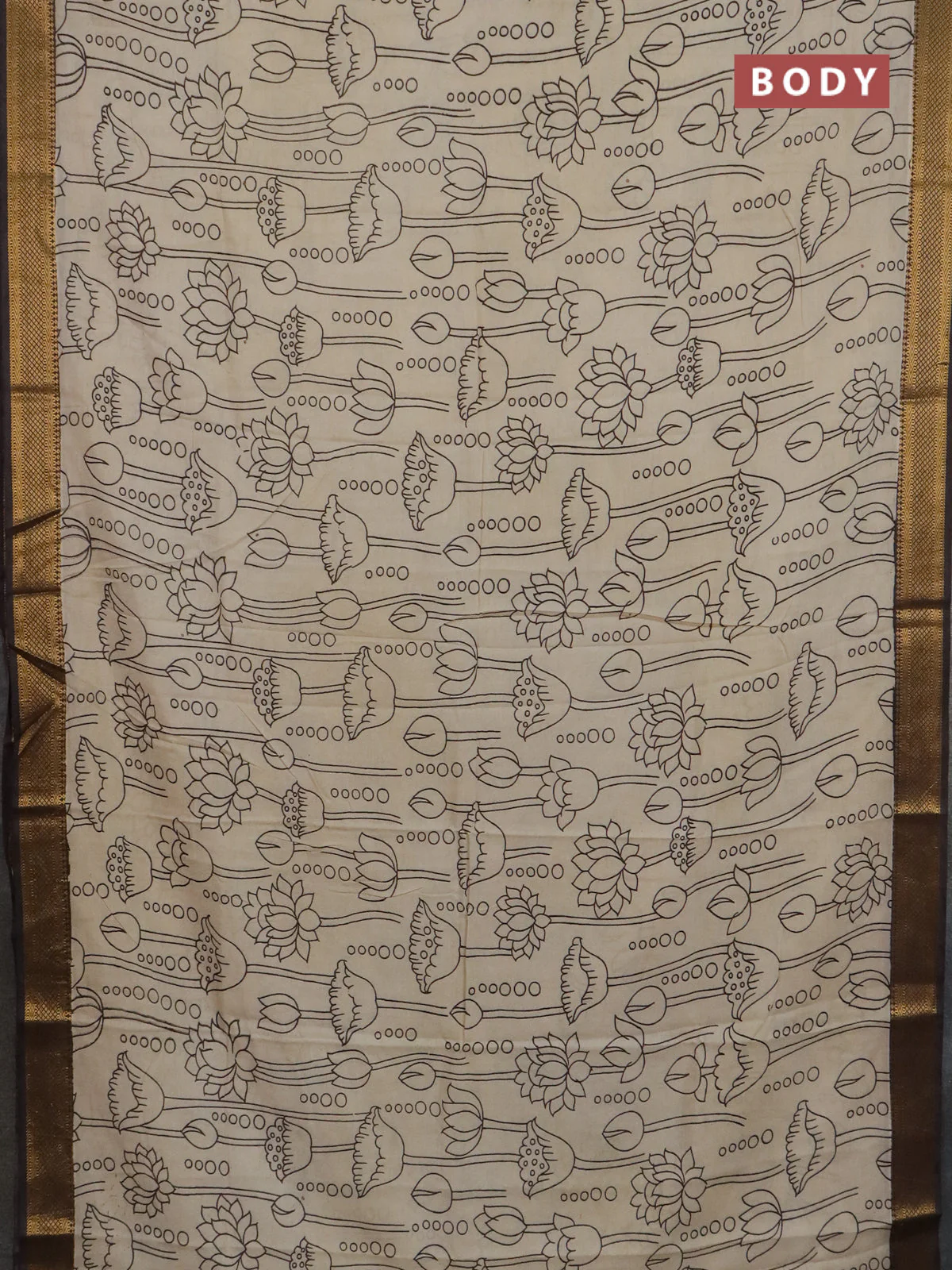 Kalamkari semi silk saree beige and brown with allover prints and mangalgiri border - Image 2
