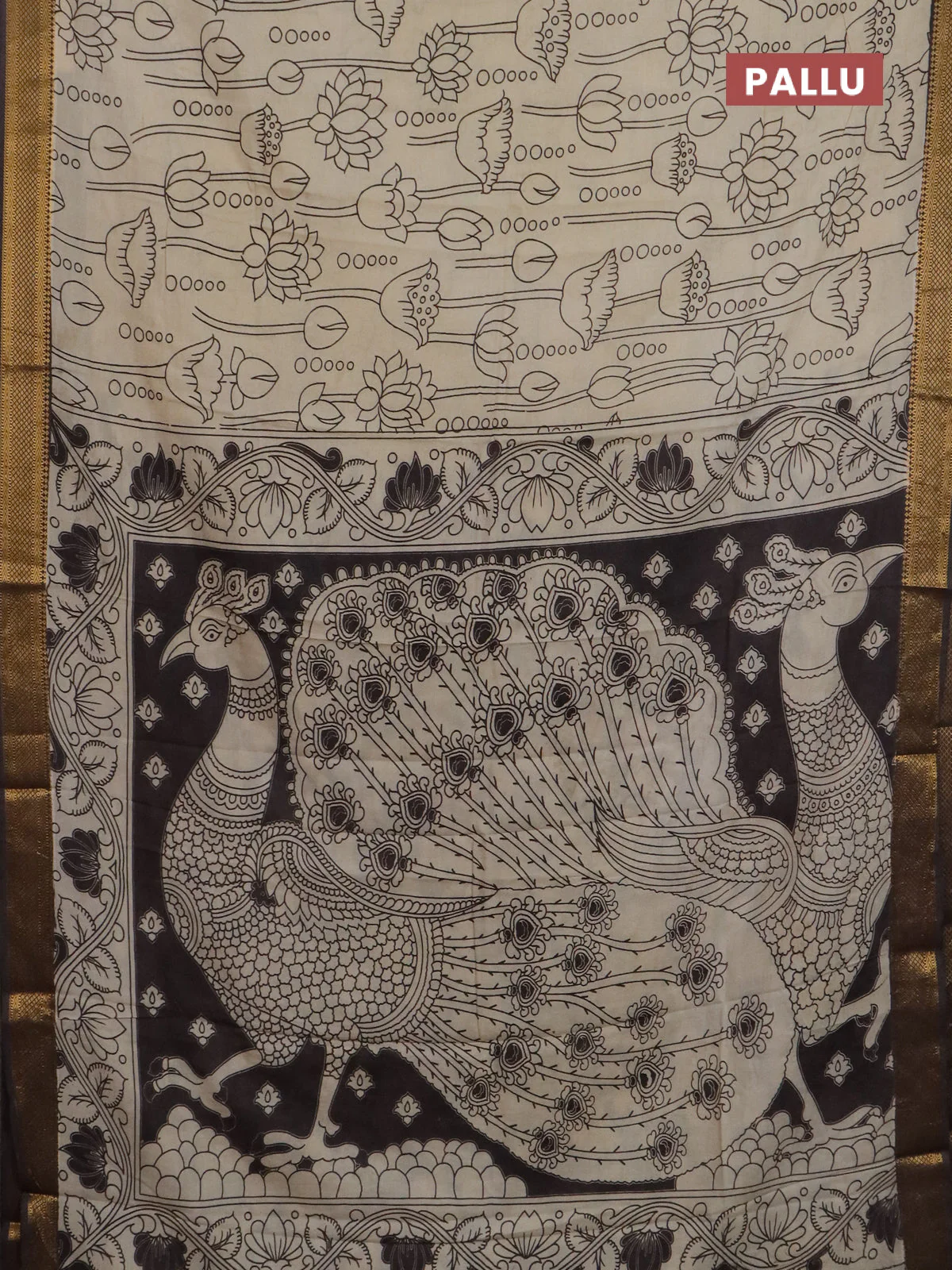 Kalamkari semi silk saree beige and brown with allover prints and mangalgiri border - Image 3