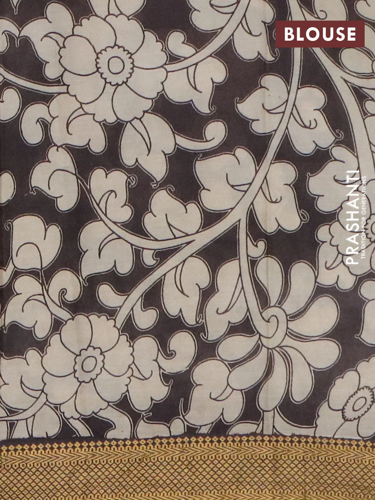 Kalamkari semi silk saree beige and brown with allover prints and mangalgiri border - Image 4