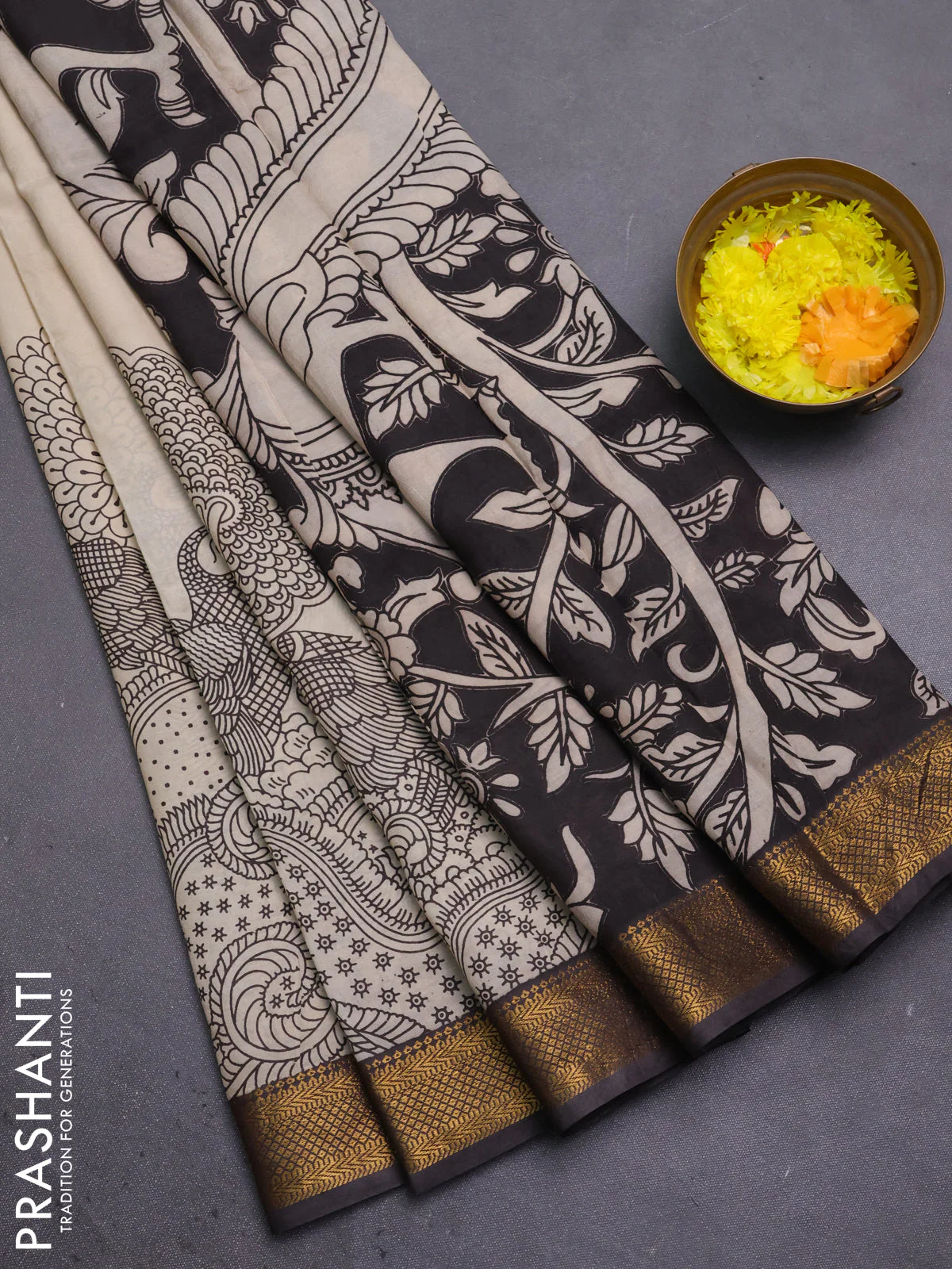 Kalamkari semi silk saree beige and brown with allover prints and mangalgiri border
