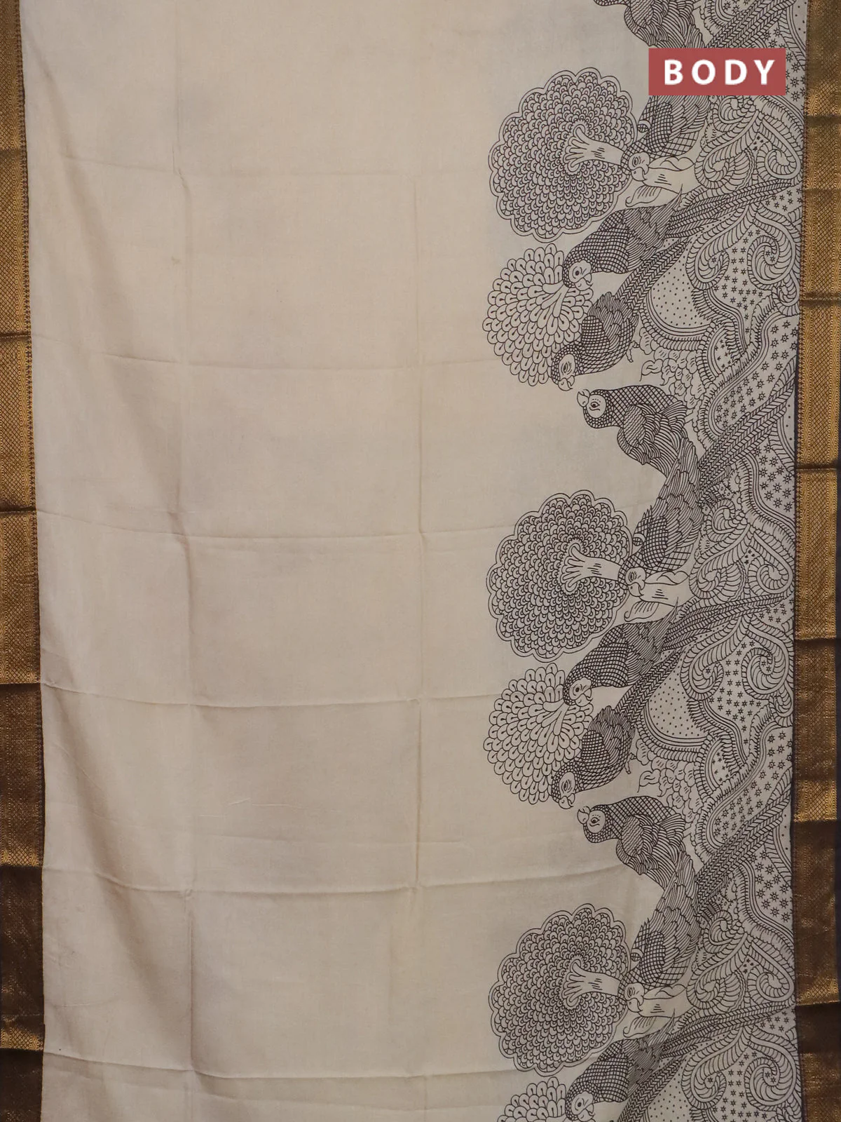 Kalamkari semi silk saree beige and brown with allover prints and mangalgiri border - Image 2