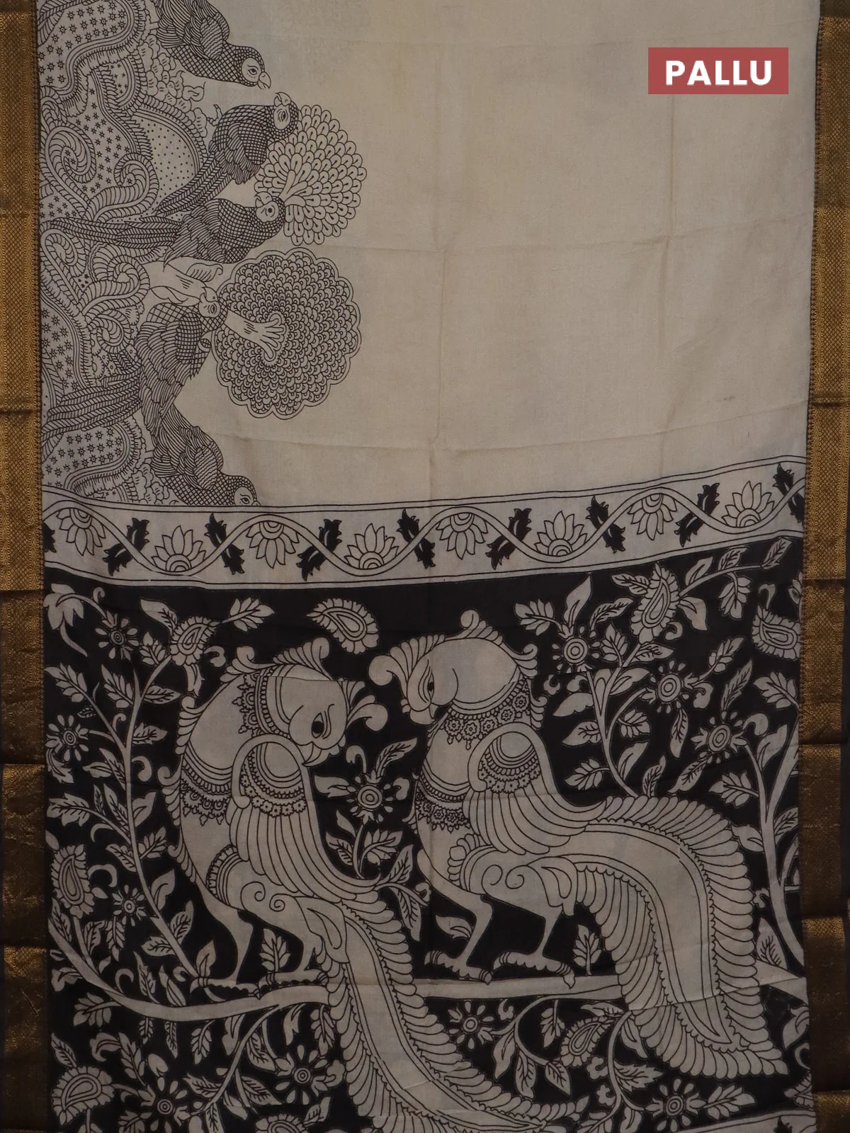 Kalamkari semi silk saree beige and brown with allover prints and mangalgiri border - Image 3