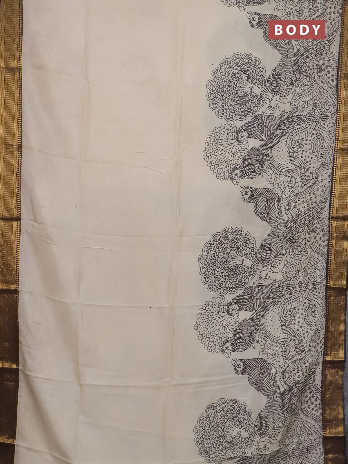 Kalamkari semi silk saree beige and brown with allover prints and mangalgiri border - Image 2