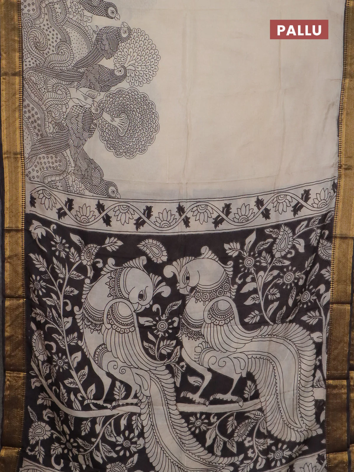 Kalamkari semi silk saree beige and brown with allover prints and mangalgiri border - Image 3