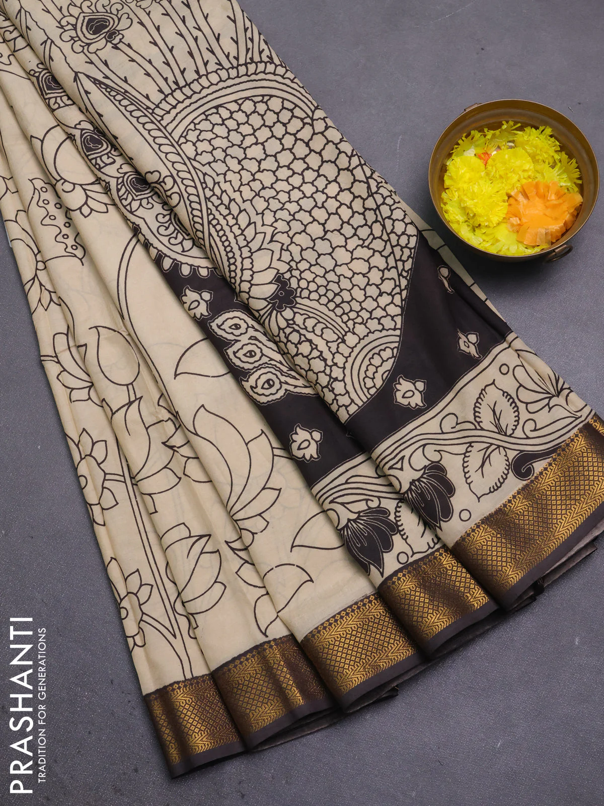 Kalamkari semi silk saree beige and brown with allover prints and mangalgiri border