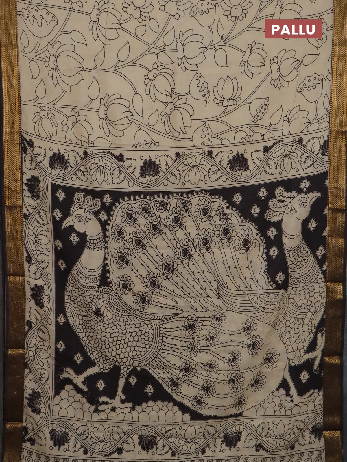 Kalamkari semi silk saree beige and brown with allover prints and mangalgiri border - Image 3