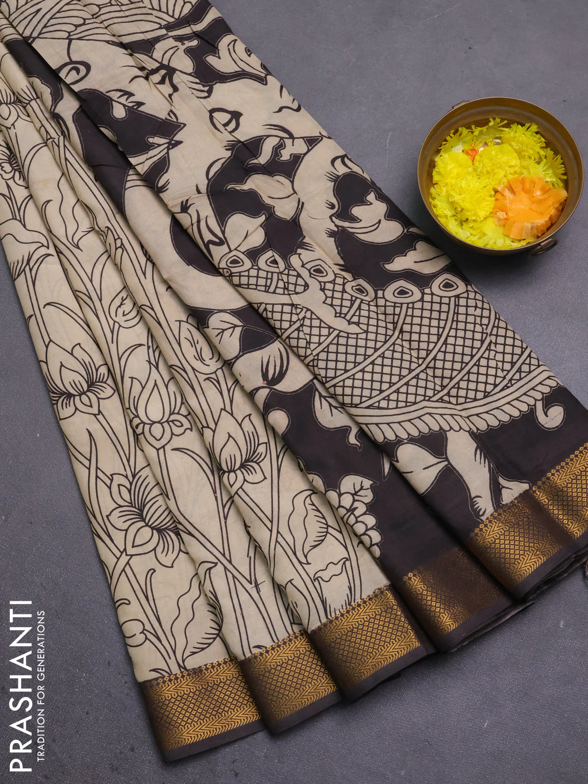 Kalamkari semi silk saree beige and coffee brown with allover prints and mangalgiri border