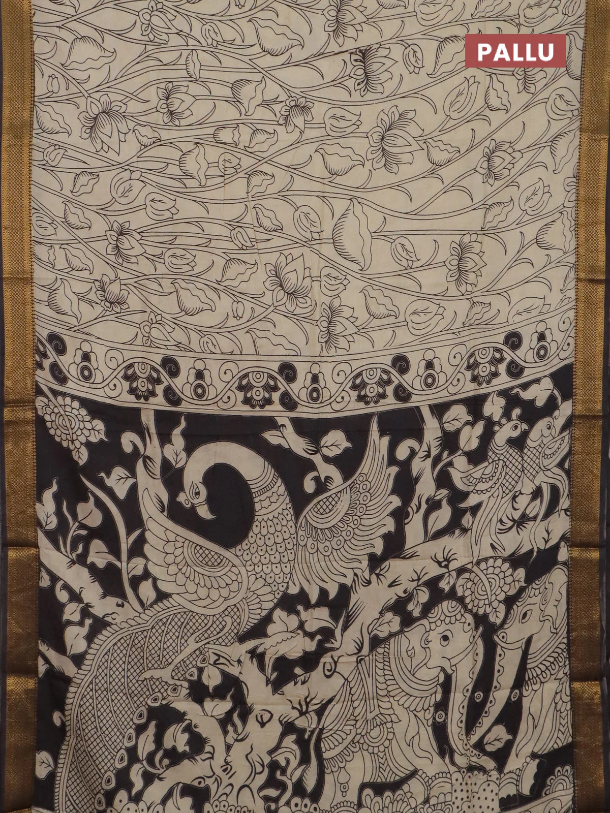Kalamkari semi silk saree beige and coffee brown with allover prints and mangalgiri border - Image 3