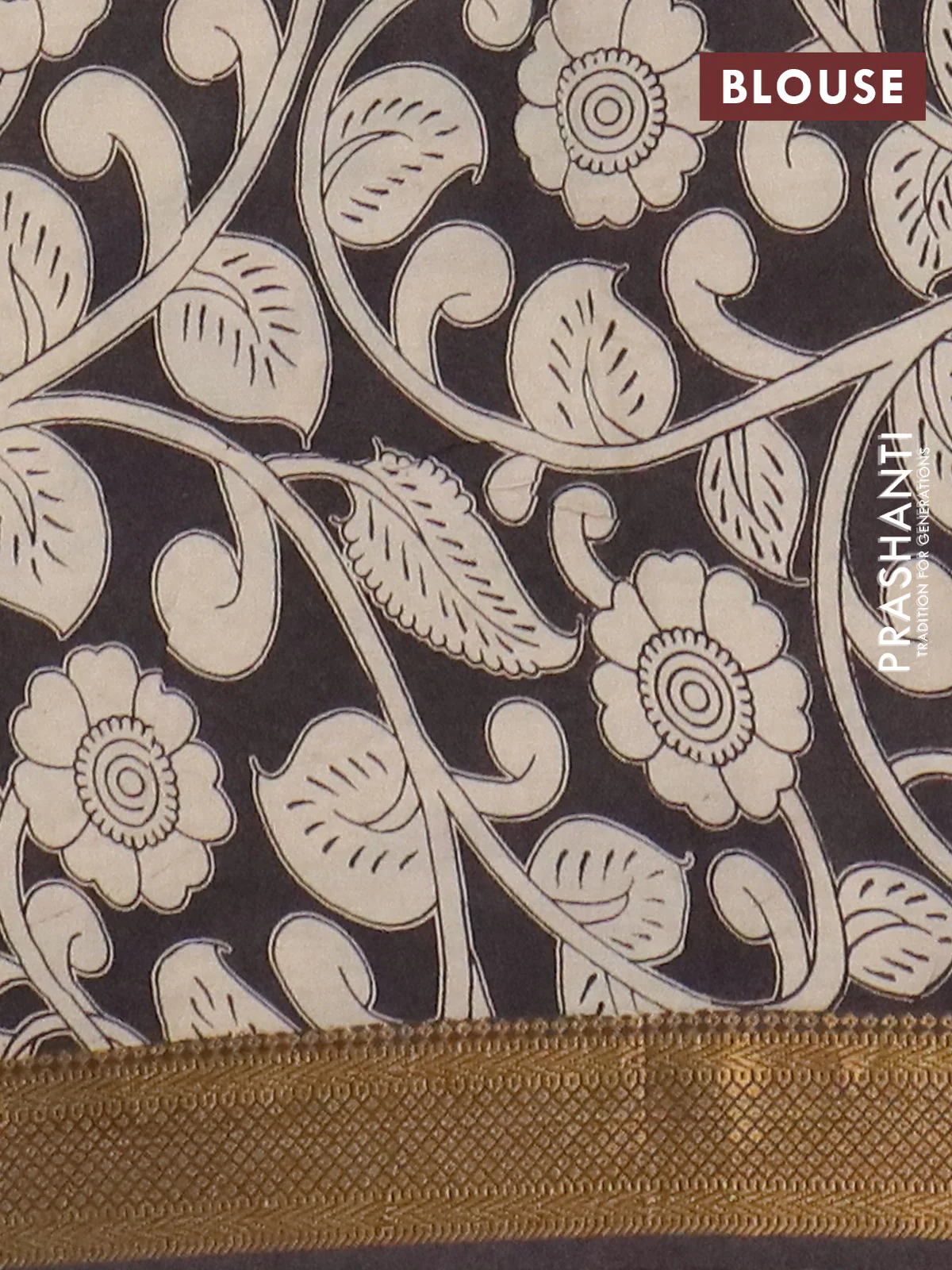 Kalamkari semi silk saree beige and coffee brown with allover prints and mangalgiri border - Image 4