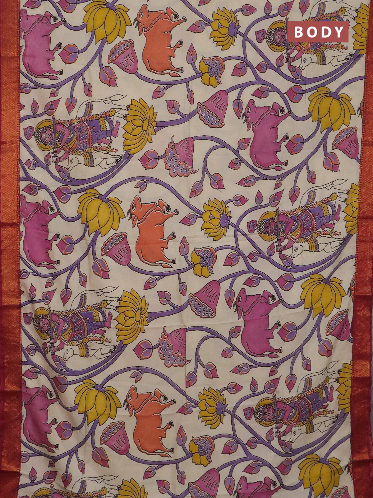 Kalamkari semi silk saree beige and dark magenta with allover prints and mangalgiri border - Image 2